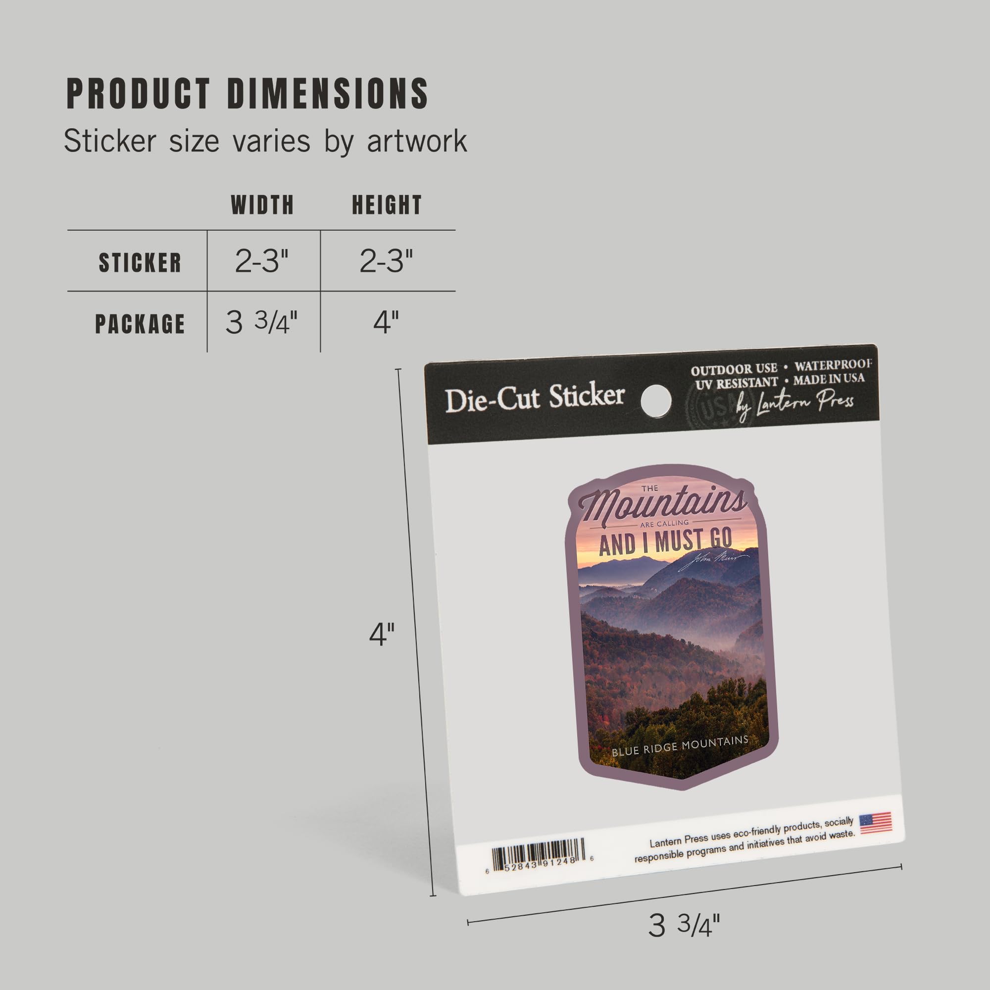 John Muir Die Cut Sticker - Blue Ridge Mountains Sunset Design (1-3 Inch Waterproof Vinyl Decal) for Cars, Water Bottles, Laptops & Coolers - Perfect for Outdoor Enthusiasts, Hiking Gear & Travel Accessories