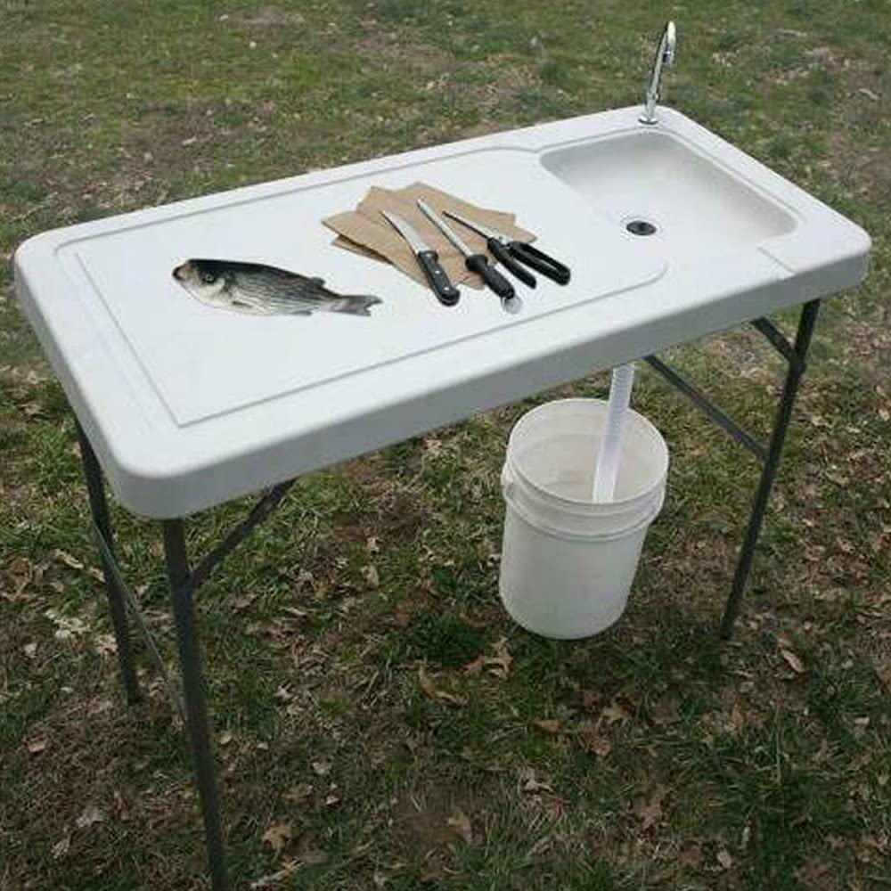 Portable Folding Fish Cleaning Table with Sink - Outdoor Camping Sink Station with Faucet & Hose Hook Up - Perfect for Fishing, Camping, Picnics & Dock Use - Includes Camping Accessories & Bench