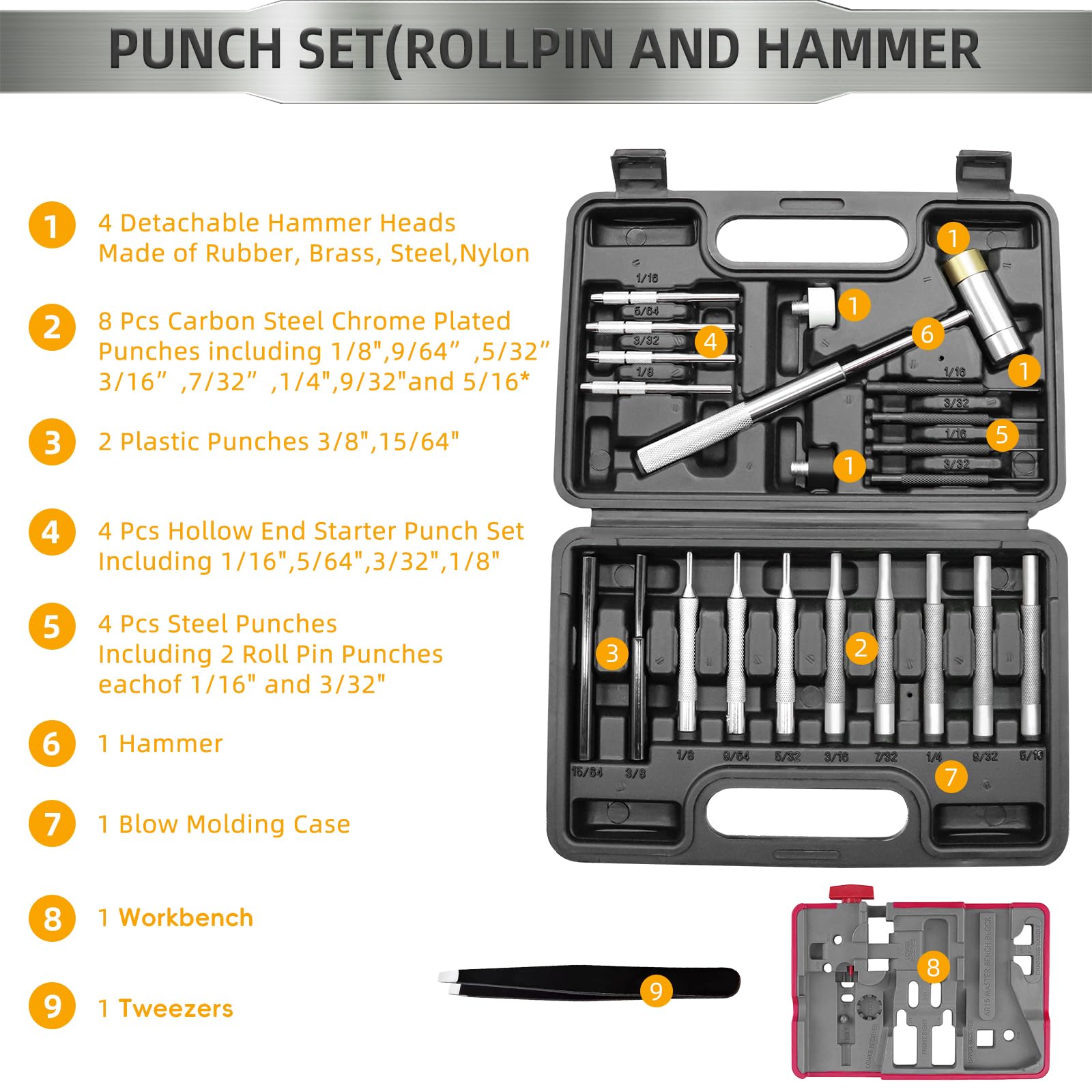 Professional Heavy-Duty Pin Punch Set - 12-Piece Roll Pin Punch Tool Kit with Organizer Storage Box | Precision Bench Block & Durable Metal Construction | Ideal for Mechanical Repairs, Gunsmithing & Automotive Maintenance