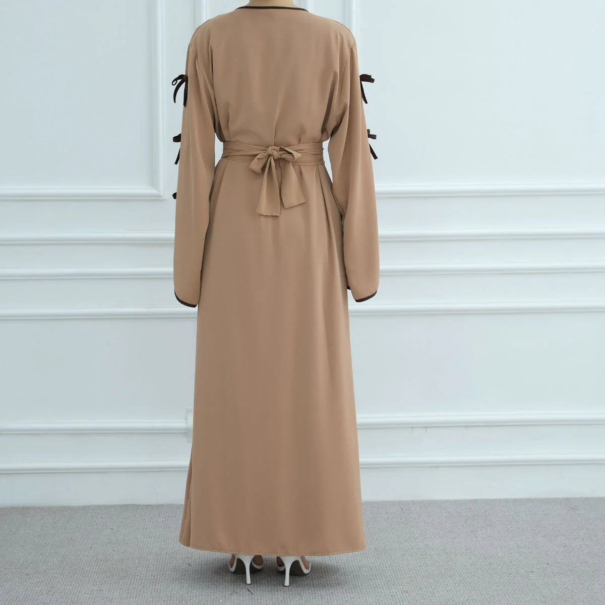 2-Piece Soft Nida Open Abaya Dress Set with Inner Sleeveless Dress - Elegant Muslim Prayer Dress for Women (Beige, #251003) | Perfect for Eid, Ramadan, Mosque & Special Occasions