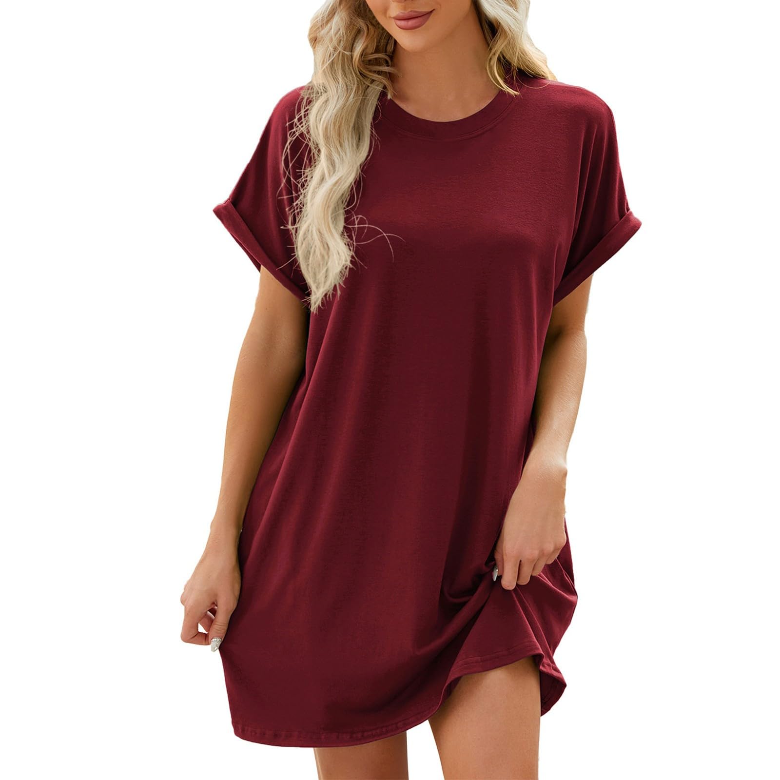 2025 Summer Dresses for Women - Solid Color Crewneck Short Sleeve T-Shirt Dress, Loose Fit Beach Vacation Mini Dress | Casual Outing, Pool Party, Summer Travel Essential