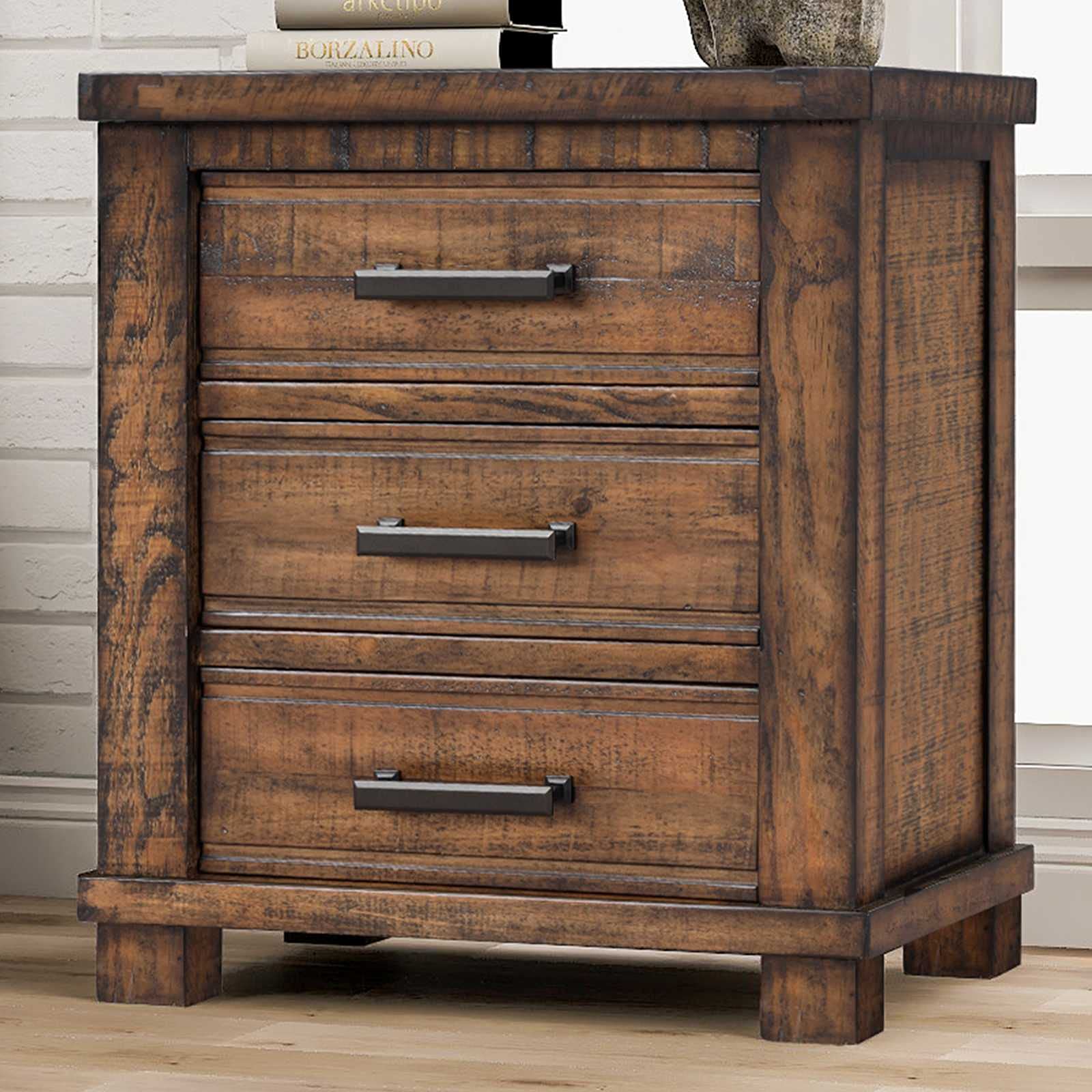 FRITHJILL Solid Wood Farmhouse Nightstand with 3 Drawers - Rustic Bedroom Storage Organizer, Wooden Side Table for Bedside, Living Room, or Guest Room - Perfect for Home Decor and Organization