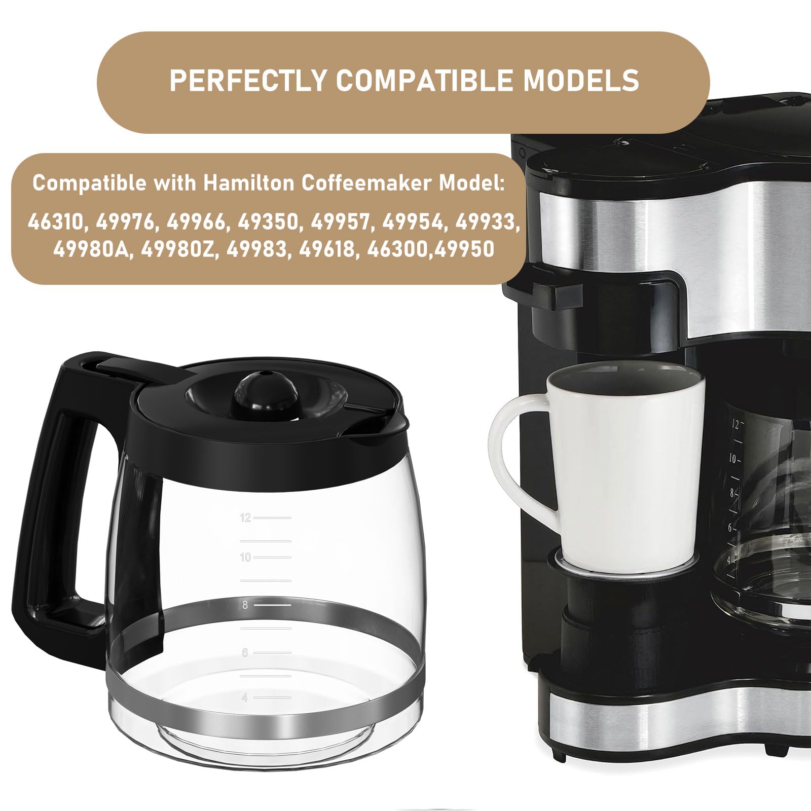 Hamilton Beach Coffee Maker Glass Carafe Replacement - Compatible with Models 46310, 49980R, 49976, 49350, 49980A, 49980Z, 49983, 49618, 46300, 49966 - 12-Cup Capacity (1 Pack) - Perfect for Home, Office, or Restaurant Use