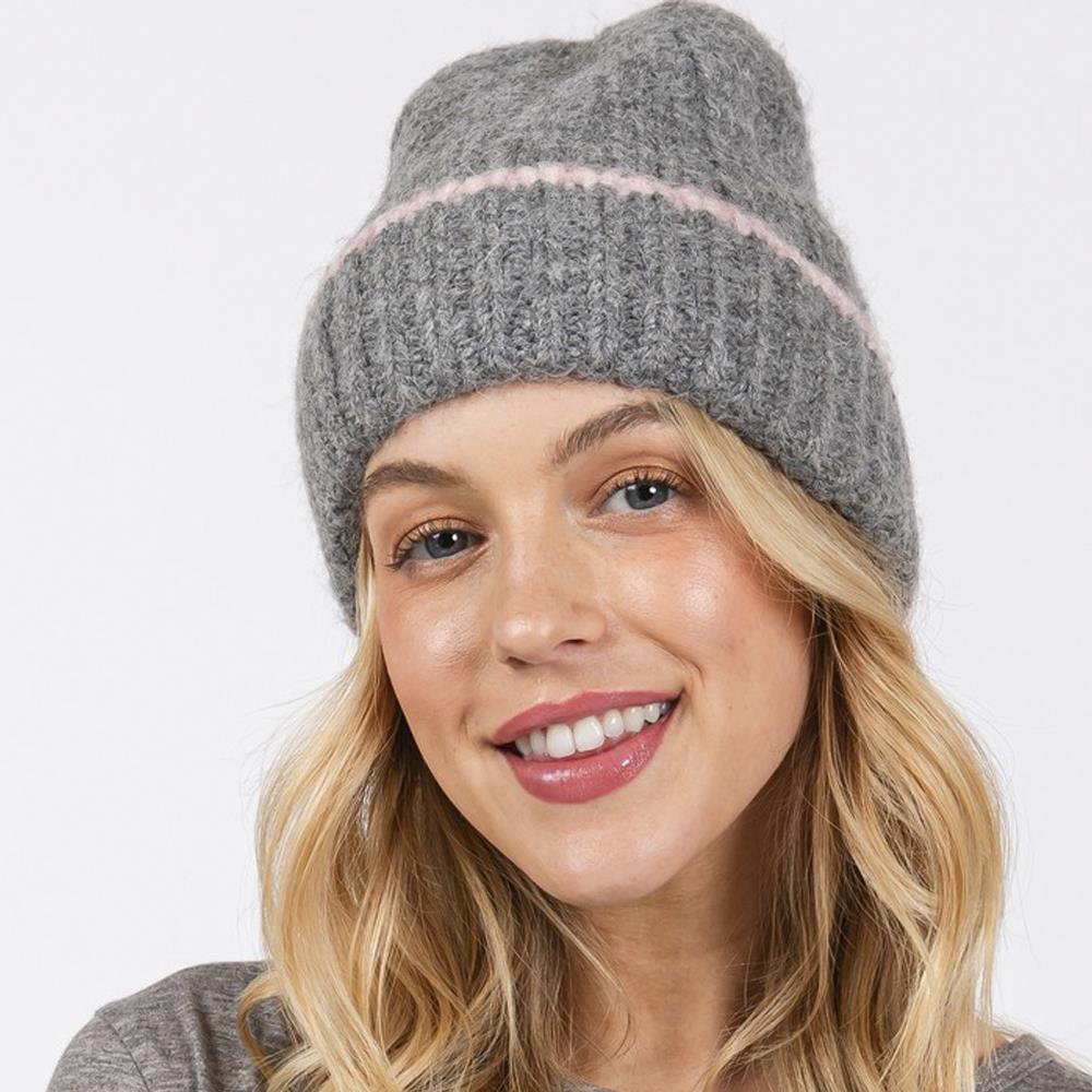Contrast Trim Cuffed Beanie Hat for Men & Women - Winter Warm Knit Cap for Outdoor Activities, Skiing, Snowboarding