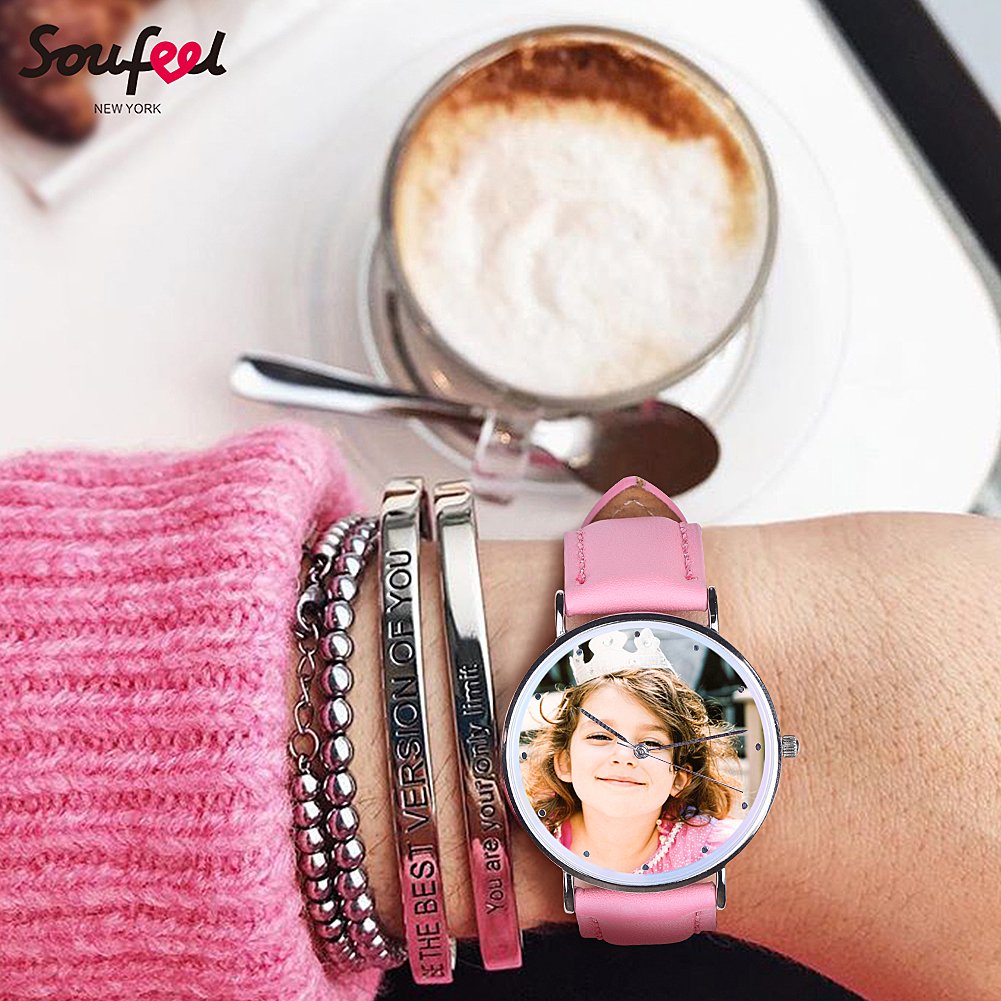 SOUFEEL Personalized Engraved Watch for Women - Custom Photo & Name Leather Wristwatch, Unique Gift for Girlfriend, Wife, Daughter (Red/Silver) | Anniversary, Birthday, Valentine's Day Present