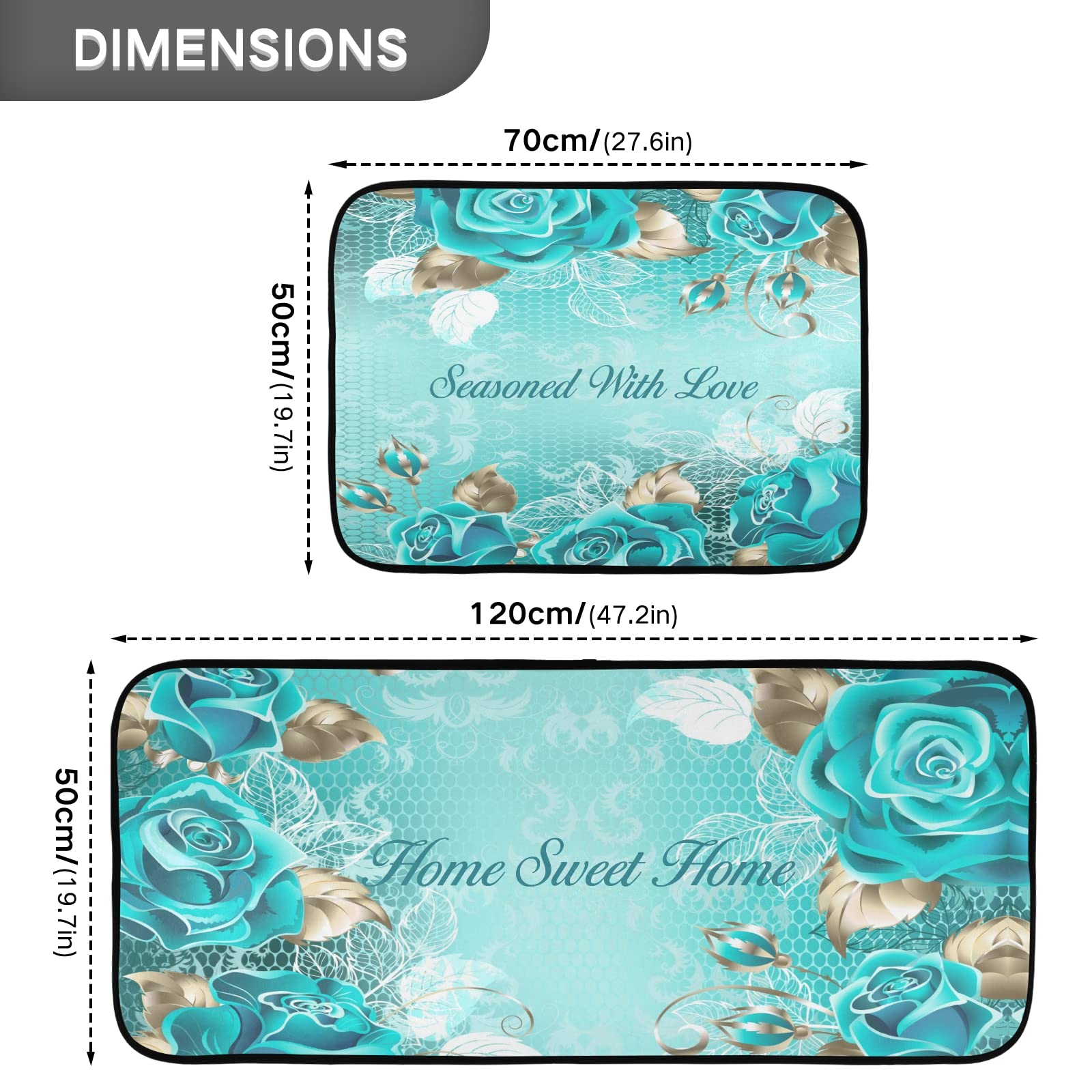 Non-Slip Washable Turquoise Kitchen Rugs Set of 2 - Teal Runner Mats for Floor, Rose Pattern Kitchen Decor - Perfect for Sweet Home Decor & Seasoned Love Theme | Ideal for Kitchens, Entryways & High-Traffic Areas