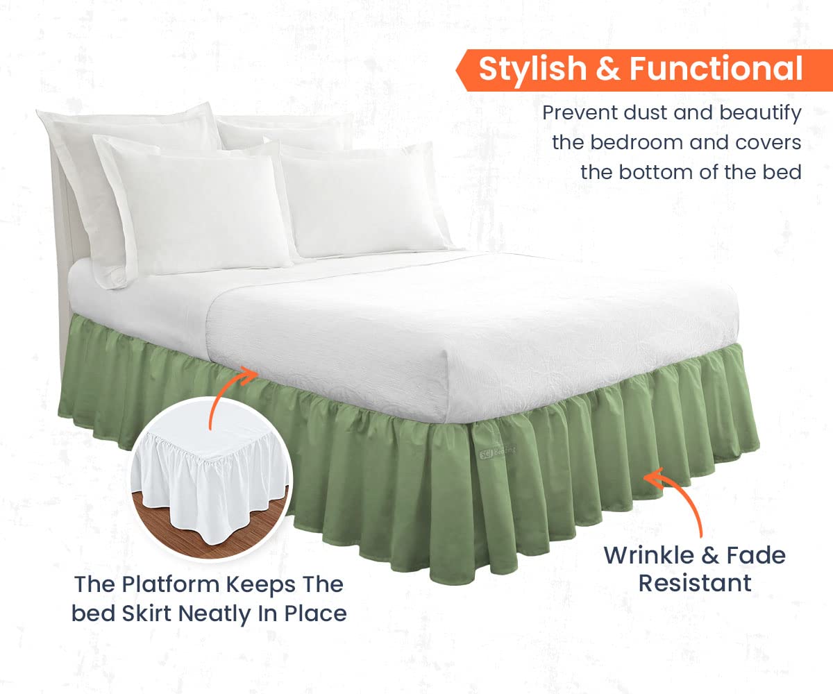 SGI Bedding 18 Inch Ruffled Bed Skirt - Premium Microfiber Dust Ruffle with Fade & Wrinkle Resistance - Anti-Static Decorative Bed Skirt with Hidden Storage Space - Full Size Moss Green - Perfect for Guest Rooms & Master Bedroom Decor