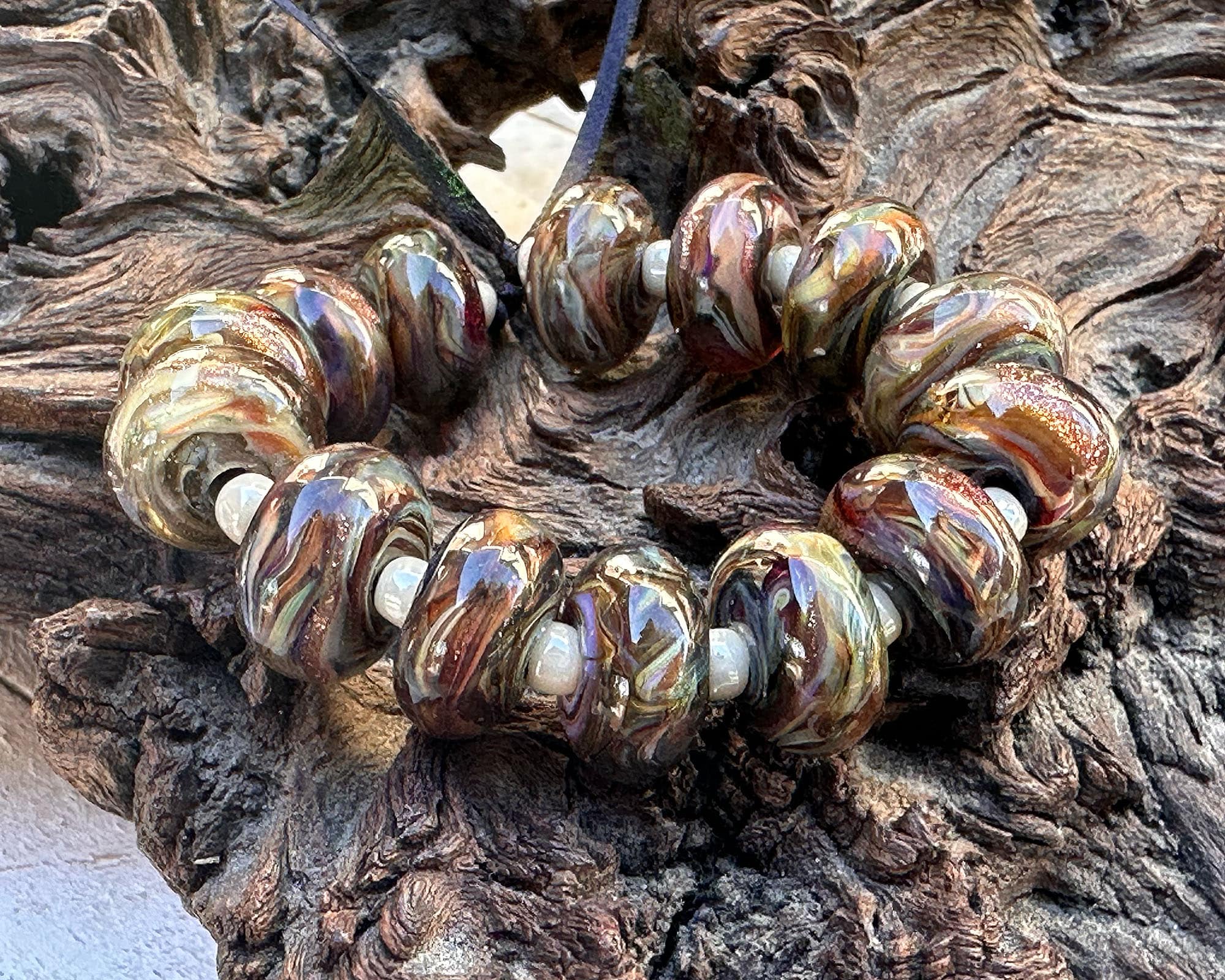 12 Multicolor Brown Swirl Lampwork Glass Beads Set for Jewelry Making - DIY Bracelet, Necklace & Craft Projects (SRA)