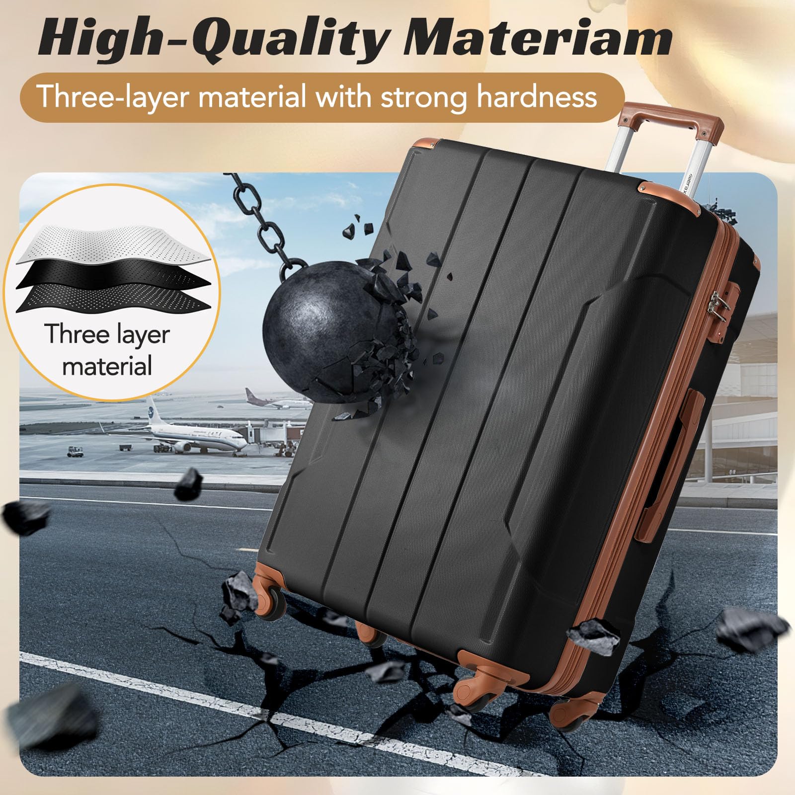 Merax 3-Piece Expandable Lightweight Spinner Luggage Set with Corner Guards (Black Brown, 20/24/28 Inch) - Perfect for Travel, Business Trips & Family Vacations