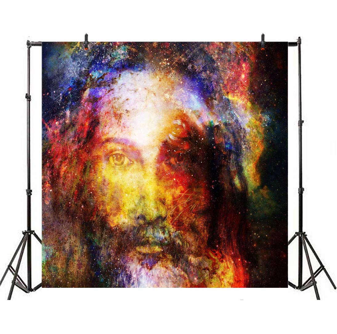 AOFOTO 8x8ft Abstract Jesus Face Backdrop - Nebula Christian Religious Photography Background for Church Events, Concerts, Festivals & Studio Props | Durable Vinyl Wallpaper for Cathedral Decor & Spiritual Photography