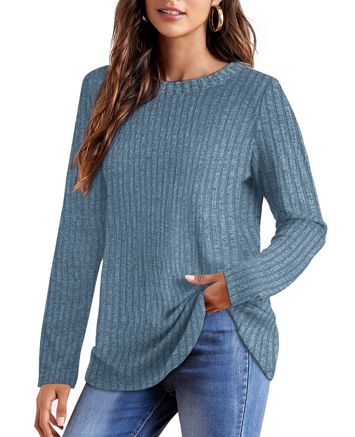 OFEEFAN Women's Lightweight Long Sleeve Crew Neck Casual Tunic Tops - Perfect for Work, Travel & Everyday Comfort