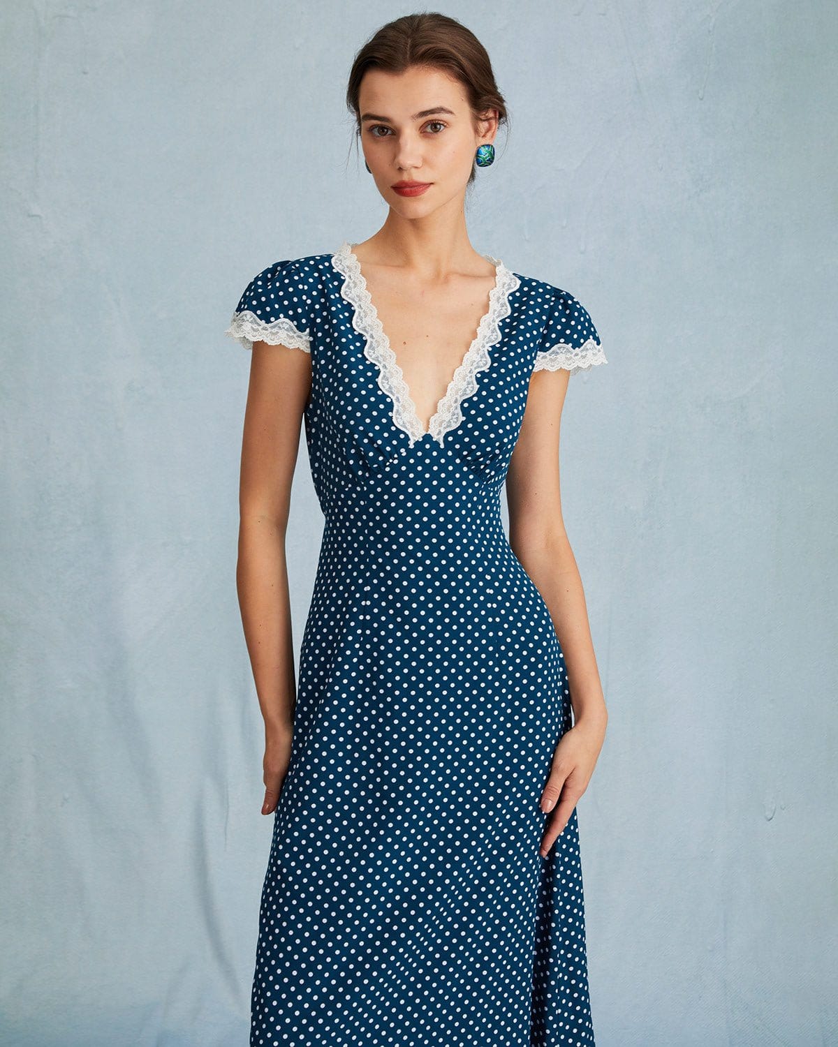 Navy Blue V-Neck Polka Dot Lace Ruched Maxi Dress for Women - Elegant Long Formal Dress for Wedding, Party & Special Occasions