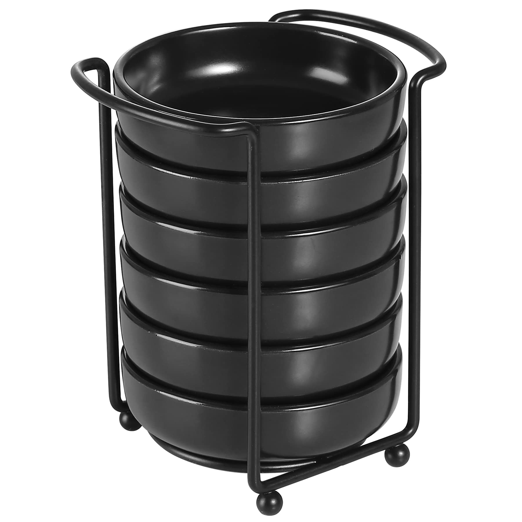 Premium Japanese Ceramic Dipping Bowls Set of 6 - 3.5 Inch Small Side Dishes for Soy Sauce, Ketchup & Condiments with Metal Stand - Elegant Waxy Black Finish - Perfect for Sushi, BBQ Parties & Asian Dining Experience