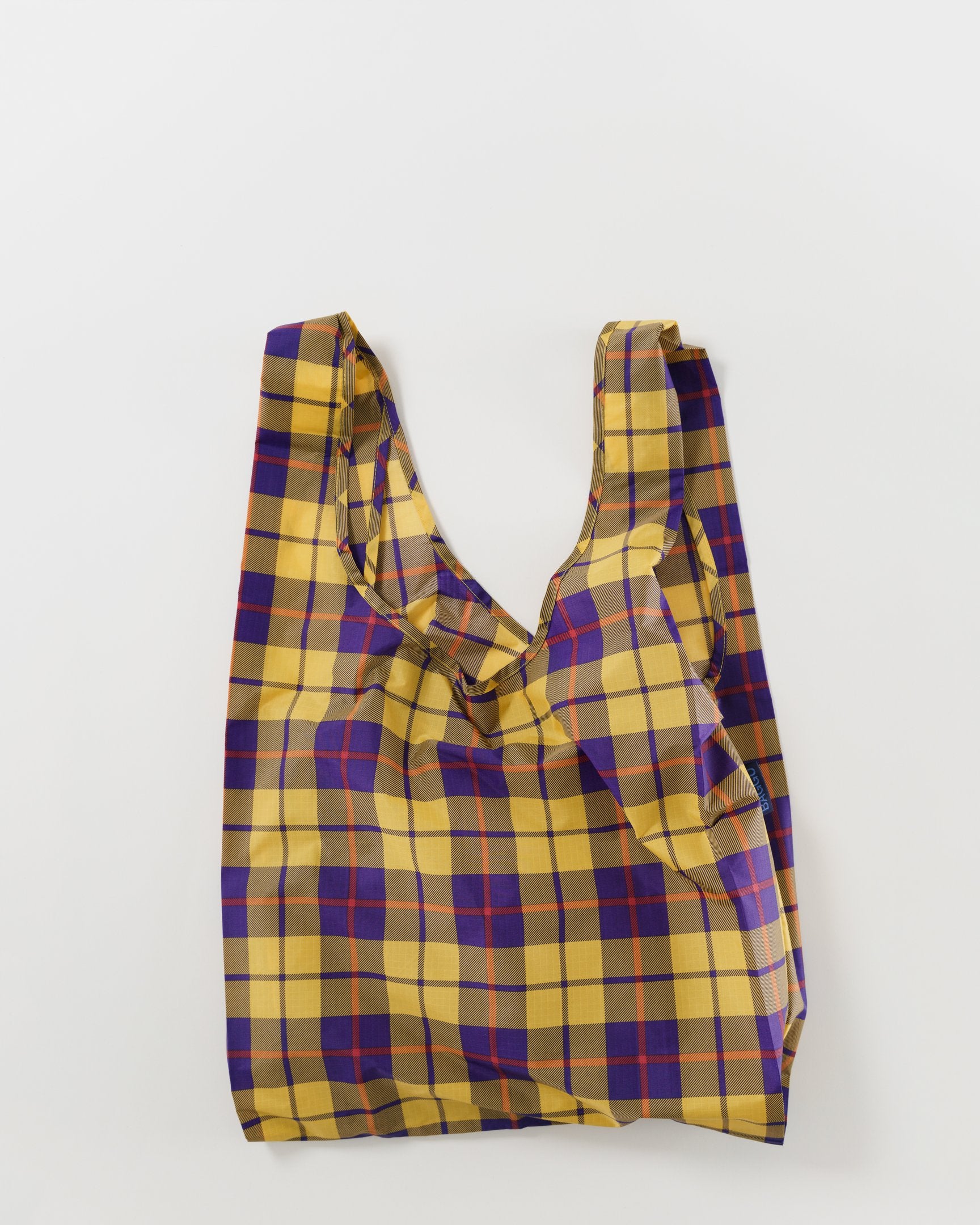 Baggu Standard Reusable Shopping Bag - Eco-Friendly Foldable Grocery Tote in Yellow Tartan Plaid for Groceries, Beach, and Travel