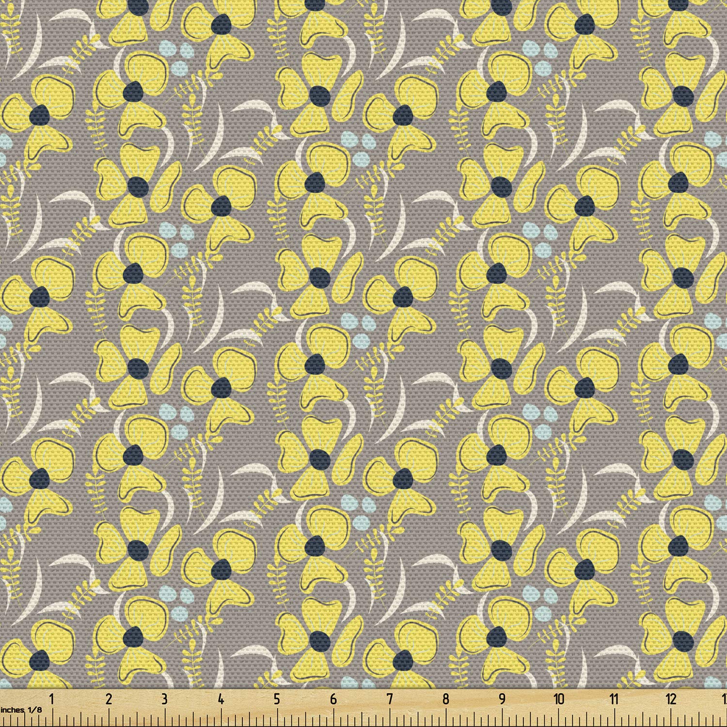 Ambesonne Taupe Fabric by The Yard - Romantic Meadow Floral Print Upholstery Fabric for Sofa, Curtains & Home Decor - 10 Yards Indigo Yellow Taupe - Perfect for DIY Projects, Crafting & Seasonal Home Accents