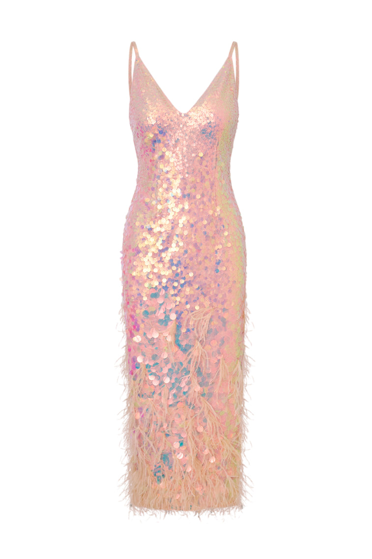 Miriana Iridescent Midi Dress With Feathers - Elegant Shimmery Party Dress for Women, Perfect for Weddings, Cocktail Parties & Special Occasions