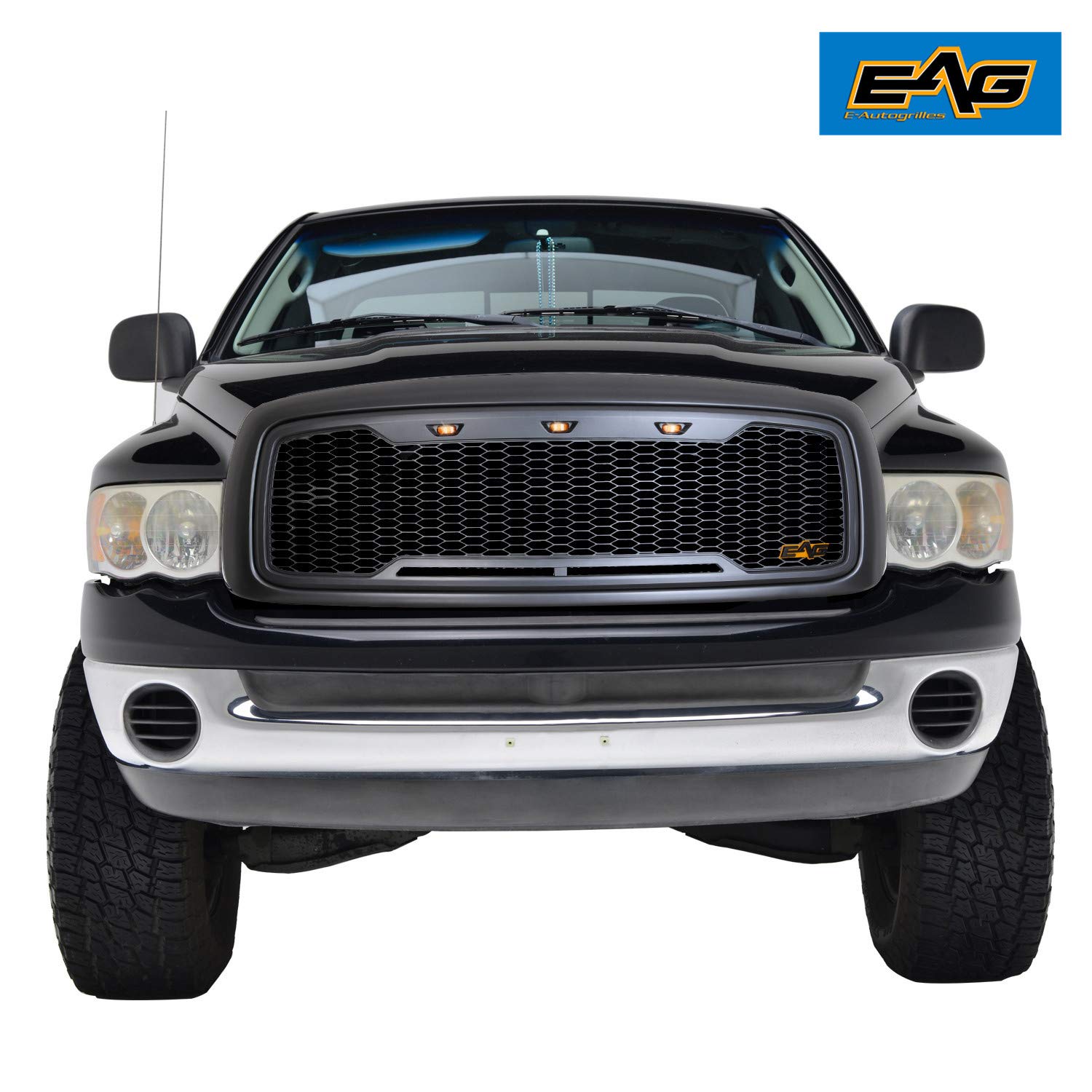 EAG Replacement ABS Upper Grille with Amber LED Lights - Charcoal Gray - Fits 2002-2005 Ram 1500/2500/3500 - Durable Front Grille Upgrade for Off-Road & Truck Customization