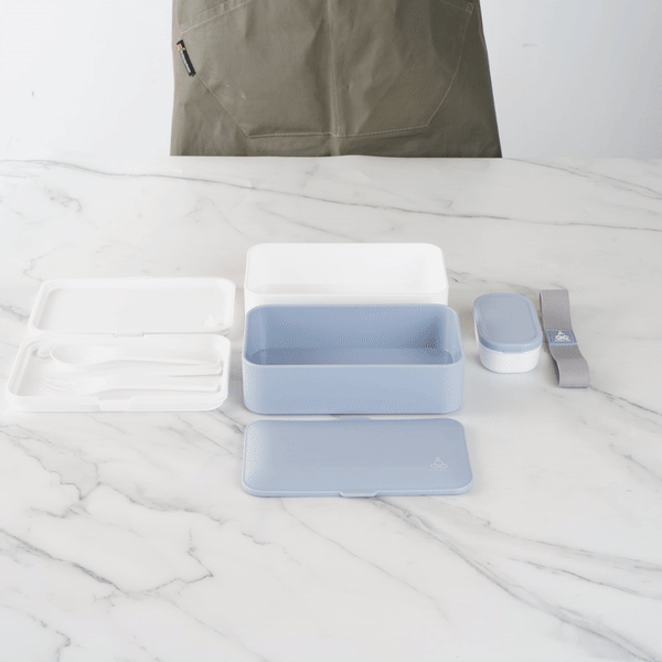 Bento Tek 41oz Blue & White Buddha Lunch Box with Utensils & Sauce Cup | 7.25