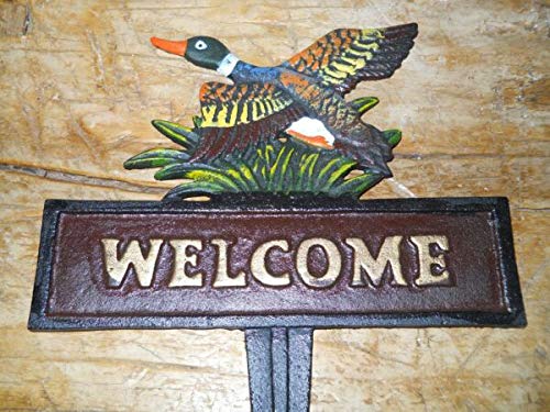 Cast Iron Duck Welcome Sign - Rustic Garden Stake & Home Decor for Mallard Pond, Wall Art - Perfect for Farmhouse, Cottage, or Outdoor Decor