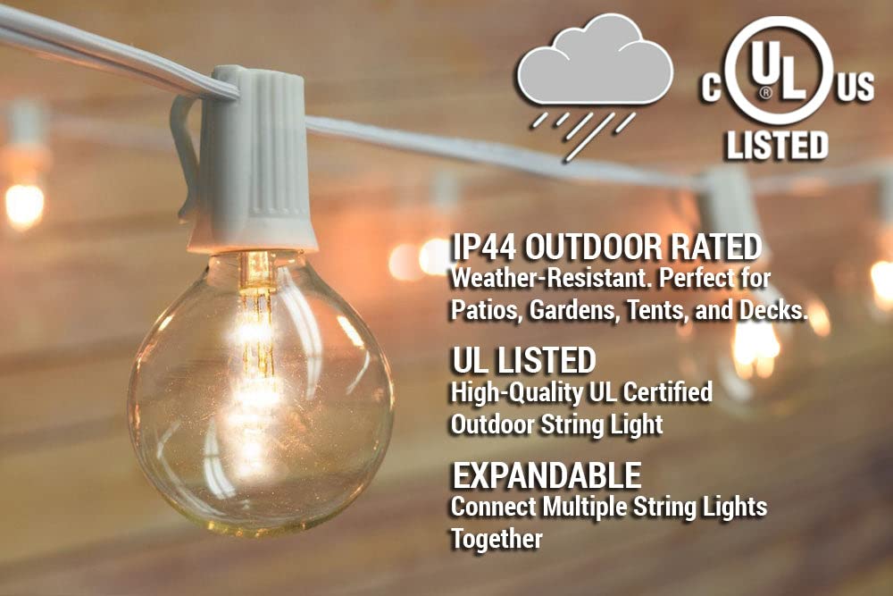 31 FT Shatterproof LED Outdoor String Lights - 10 Socket E12 C7 Base, White Cord, G50 0.5W Bulbs - Perfect for Patio, Garden, Backyard & Party Decor - Weatherproof & Energy Efficient Lighting