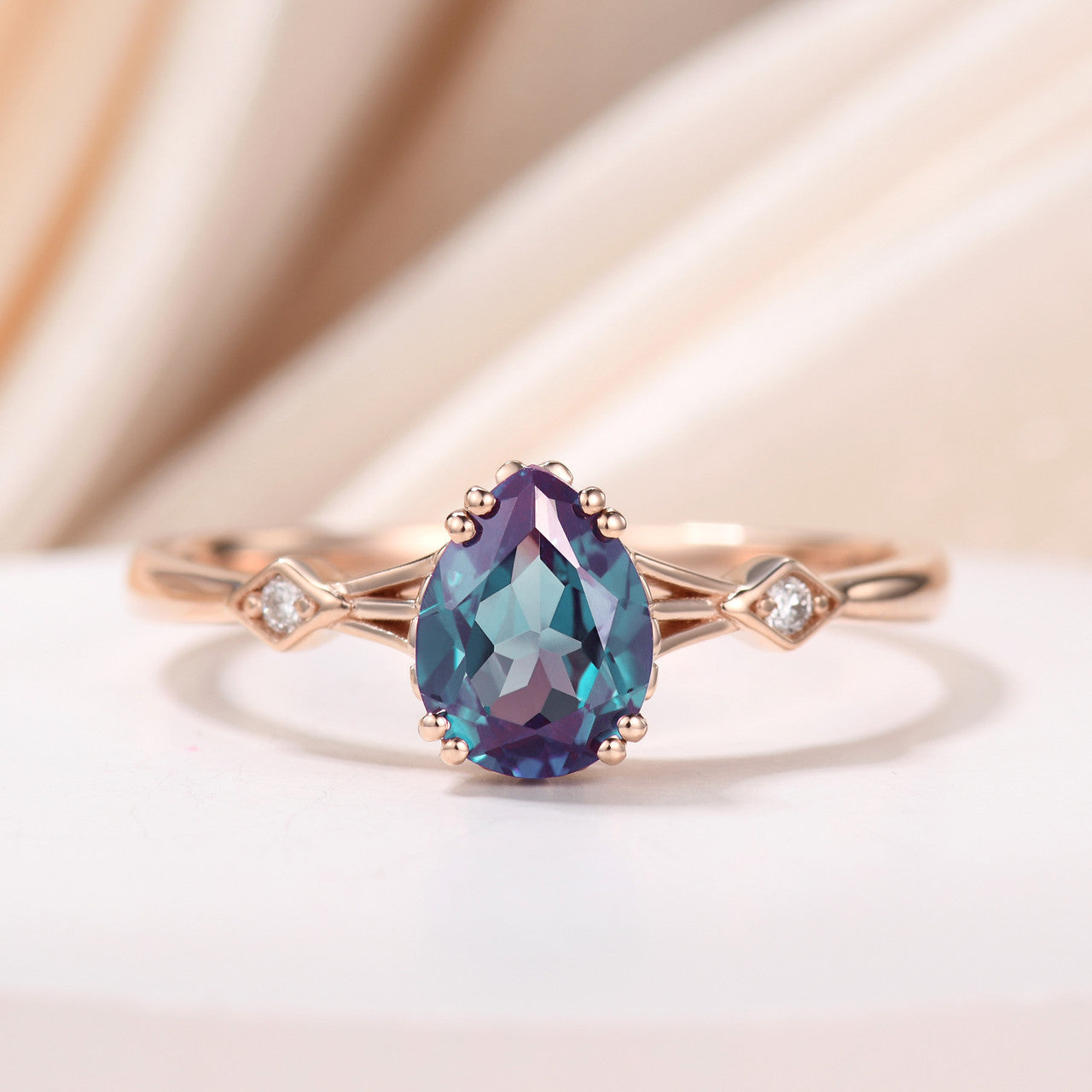 14K Rose Gold Three Stone Pear Shaped Alexandrite Engagement Ring - Minimalist Square Accent Wedding Band for Women | Perfect for Proposals, Anniversaries & Special Occasions