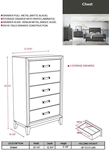 KB Designs 6-Piece Queen Size Bedroom Set in Grey & Black - Modern Bed Frame, Nightstand & Dresser for Cozy Master Bedroom Decor