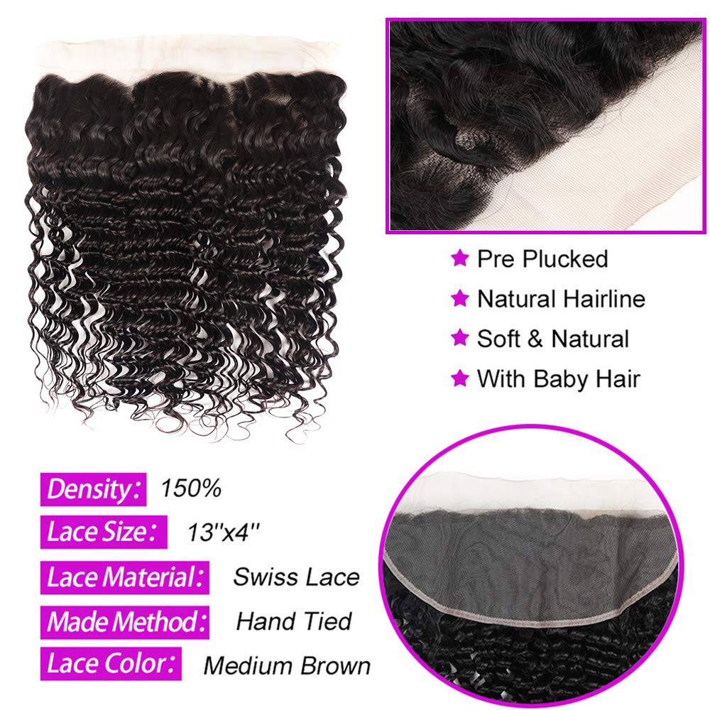 100% Virgin Brazilian Human Hair Bundles with 13x4 Lace Frontal - Deep Wave 3 Bundles Natural Black (16 18 20+14 Inches) | Brazilian Hair Extensions for Styling, Volume & Everyday Wear