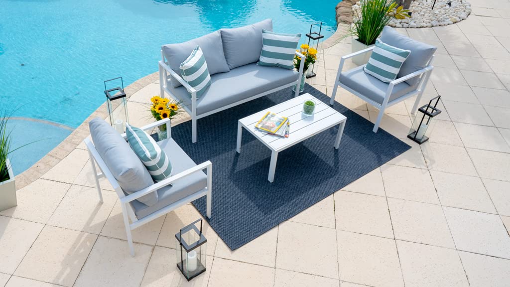 Juno 4-Piece White Aluminum Outdoor Patio Furniture Set - Loveseat, 2 Armchairs & Coffee Table | Weather-Resistant Conversation Sofa for Garden, Poolside & Backyard Relaxation