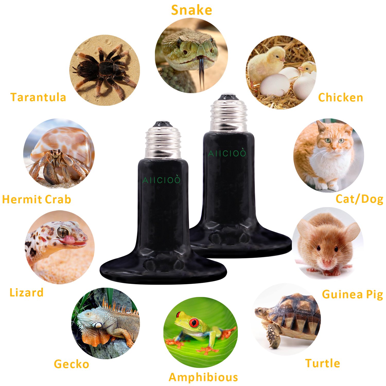 Aiicioo 100W Ceramic Heat Emitter Bulb - No Light Reptile Heat Lamp for Lizards, Snakes, Turtles & Chicken Coops - Safe & Durable 110V Black Heat Bulb (2 Pack) - Perfect for Terrariums, Aquariums & Outdoor Pet Houses