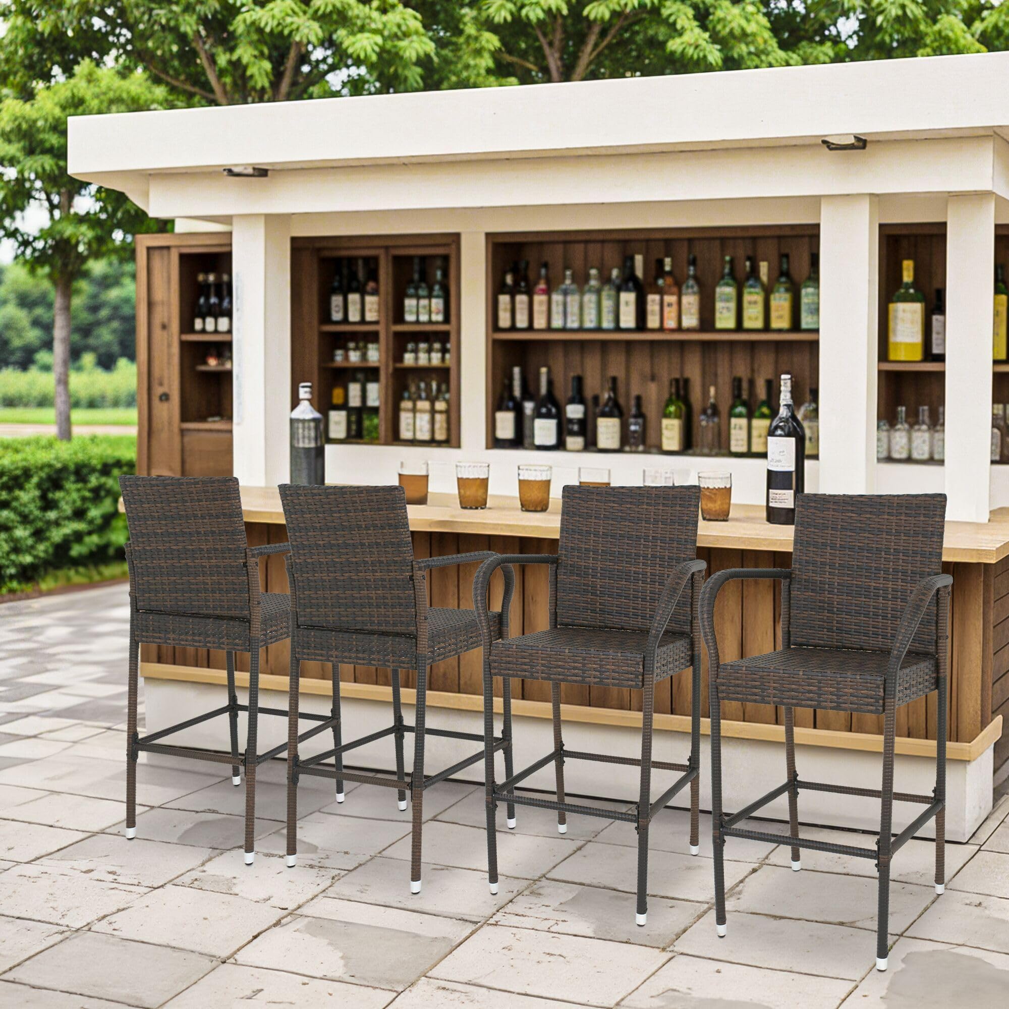 ZENY Set of 2 All-Weather Wicker Bar Stools with Armrests - Outdoor Patio Dining Chairs for Backyard, Poolside & Garden Seating