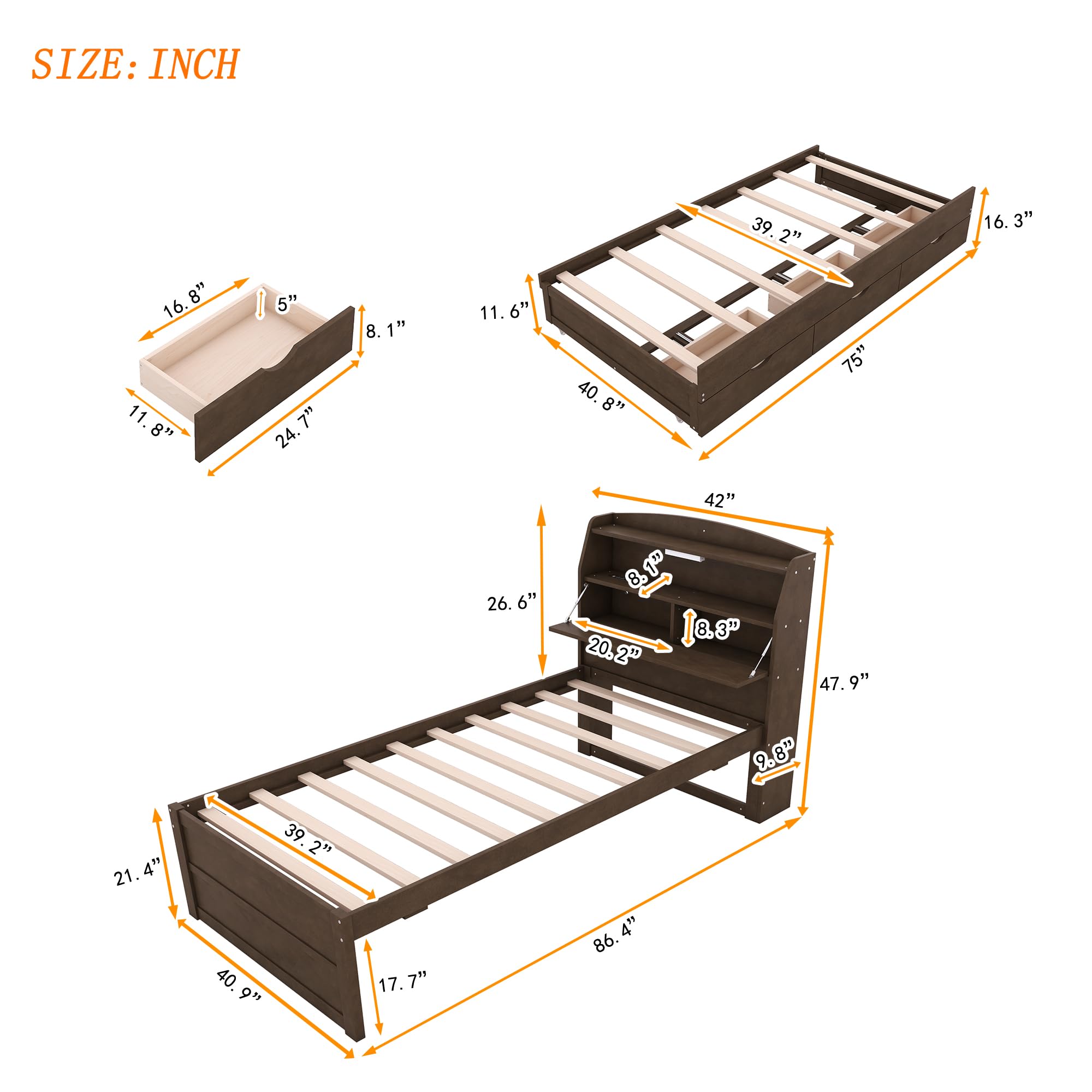 Wooden Twin Bed Frame with Trundle & Bookcase Headboard - Twin Size Captain Platform Bed with USB Charging Station & LED Lights for Kids, Teens, Boys & Girls - Brown - Perfect for Small Bedrooms, Guest Rooms & Kids' Rooms