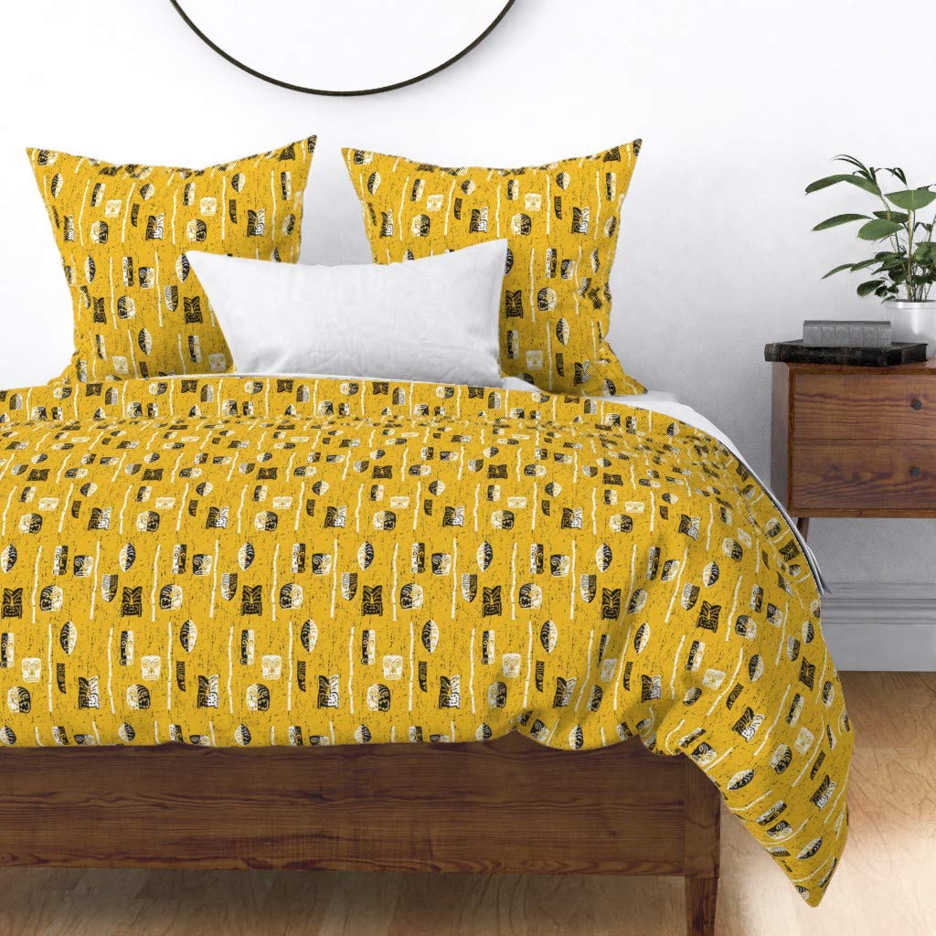 Custom Midcentury Yellow Tiki Vintage Aloha Hawaii Tattoo Island Print Cotton Sateen Duvet Cover for Twin Bed - Soft Luxury Bedding for Tropical & Boho Bedroom Decor