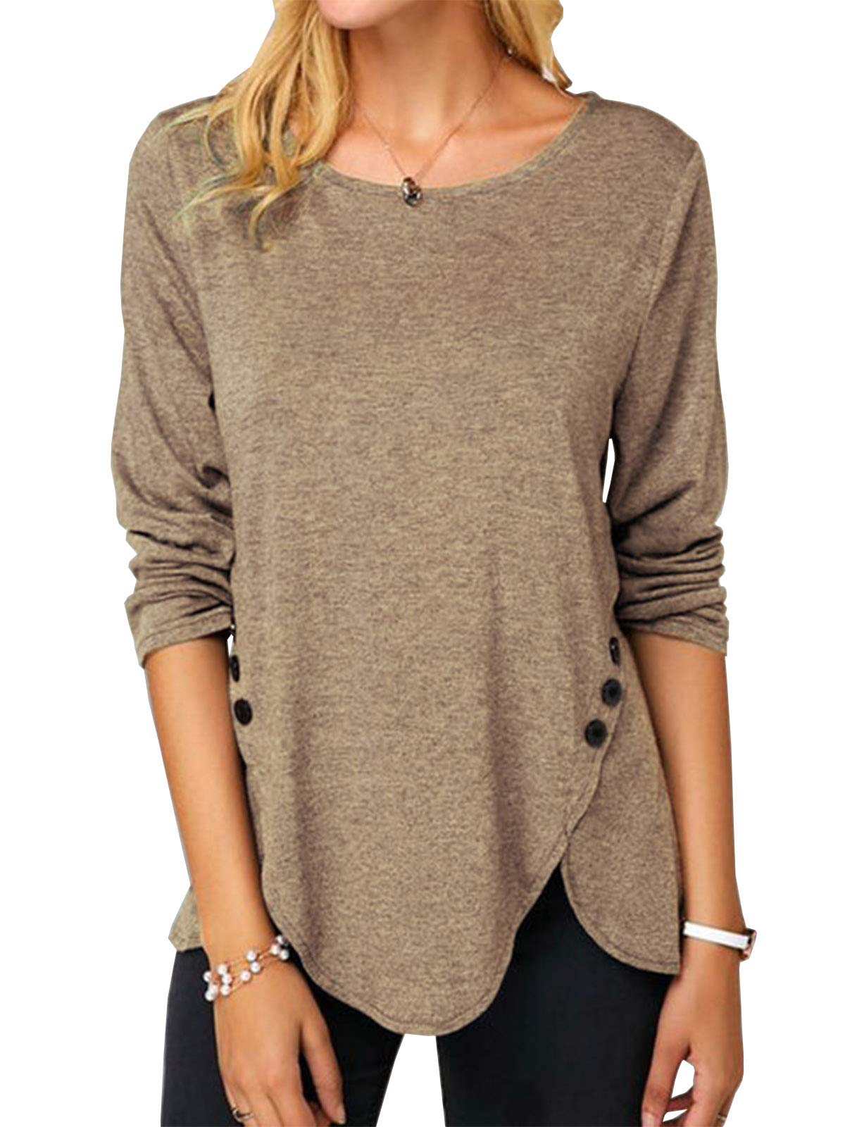 Women's Casual Long Sleeve Tunic Shirt - Round Neck Button Down Blouse Top for Work, Office & Everyday Wear