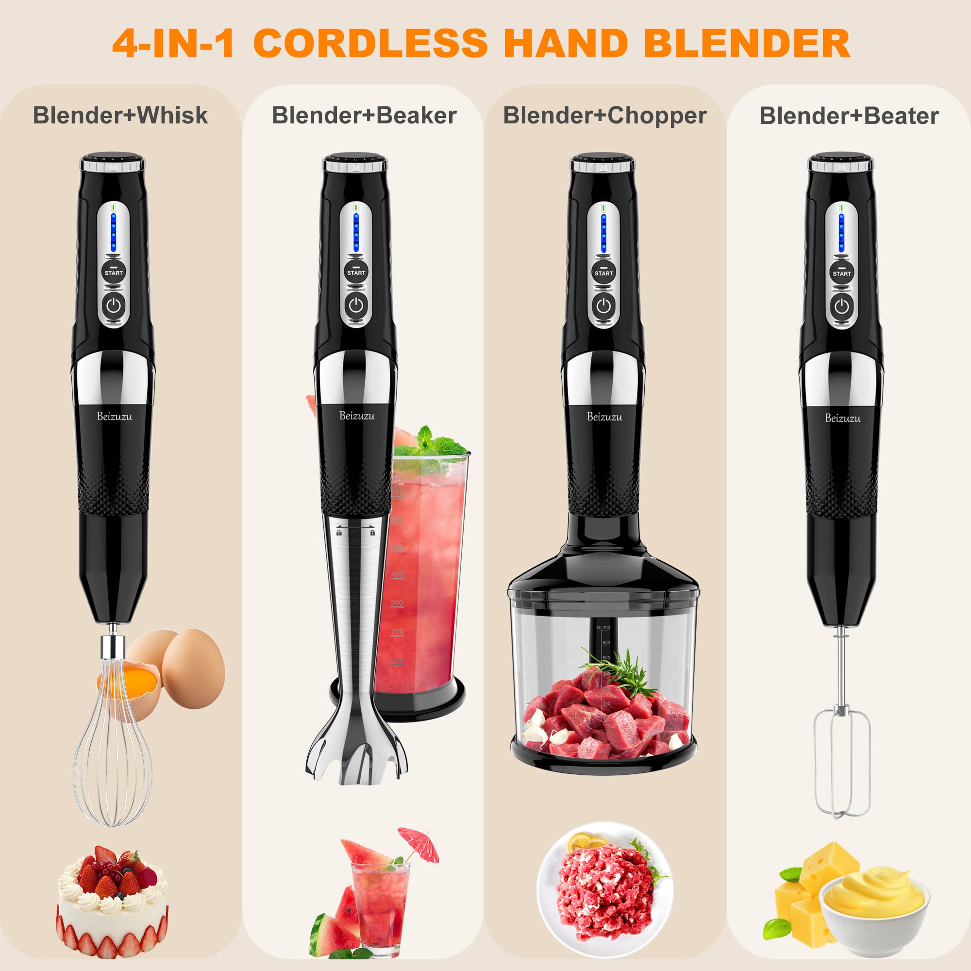 4-in-1 USB Rechargeable Cordless Hand Blender - 21 Variable Speeds & 3-Angle Adjustable Immersion Blender with 700ml Chopper, Beaker, Egg Whisk & Beater - Perfect for Smoothies, Soups, Baby Food & Baking (Black) - Ideal for Kitchen, Camping & Small Spaces