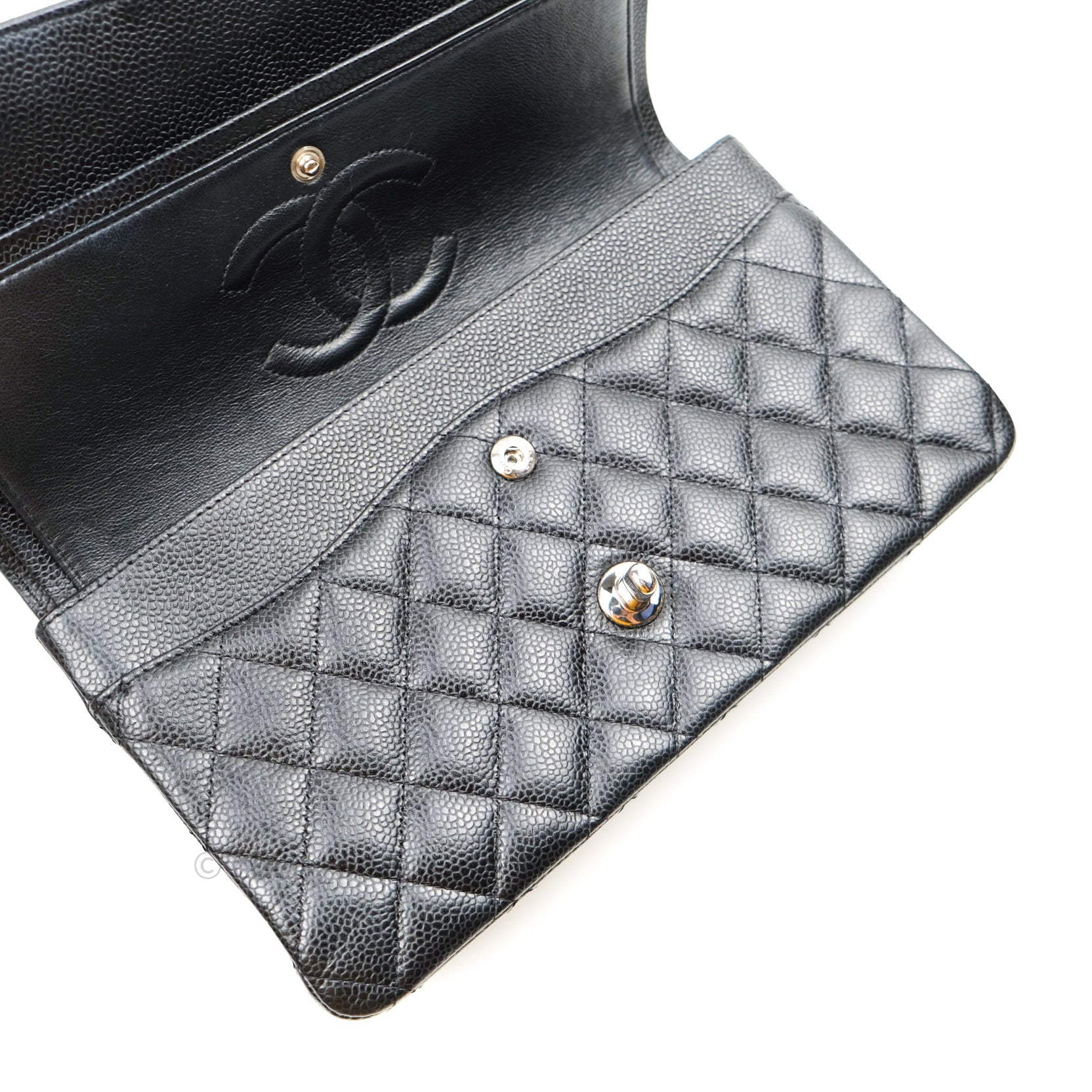 Chanel Classic Double Flap M/L Black Caviar Leather Bag with Silver Hardware - Luxury Designer Handbag for Women, Perfect for Work, Evening & Special Occasions