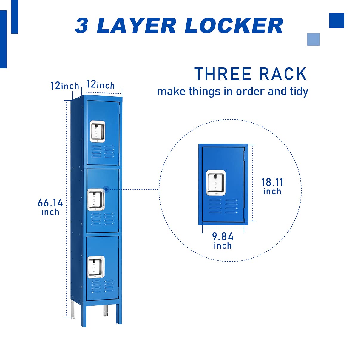 3-Tier Steel Metal Locker for Employees - Office Storage Lockers with 3 Doors, Blue | School Gym, Home & Office Organization Solution