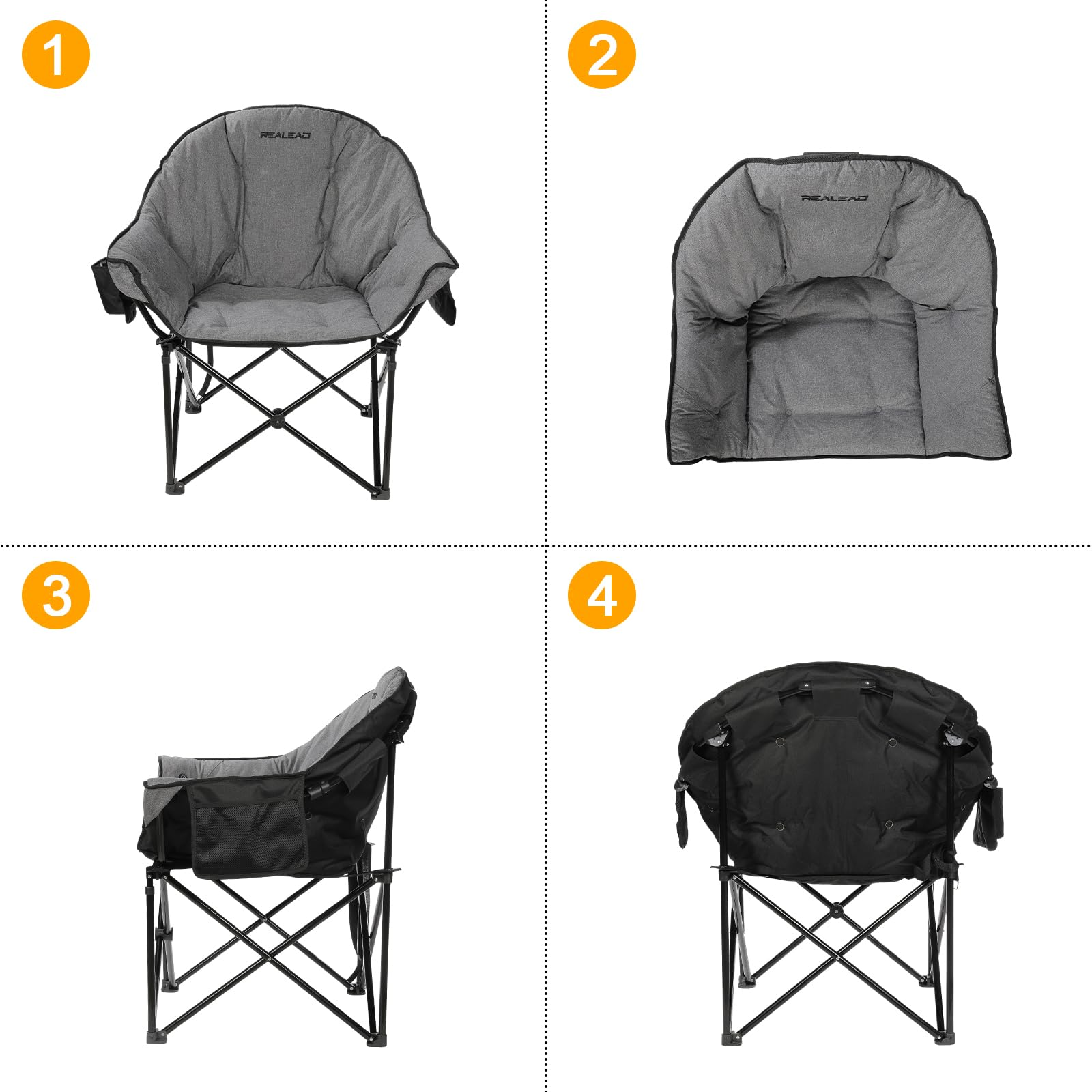 REALEAD Oversized Camping Chairs for Adults - Heavy Duty 400lbs Capacity Folding Chair with Full Padding - Comfortable Moon Round Outdoor Chair for Lawn, Beach, Picnic, Sporting Events & Backyard Relaxation