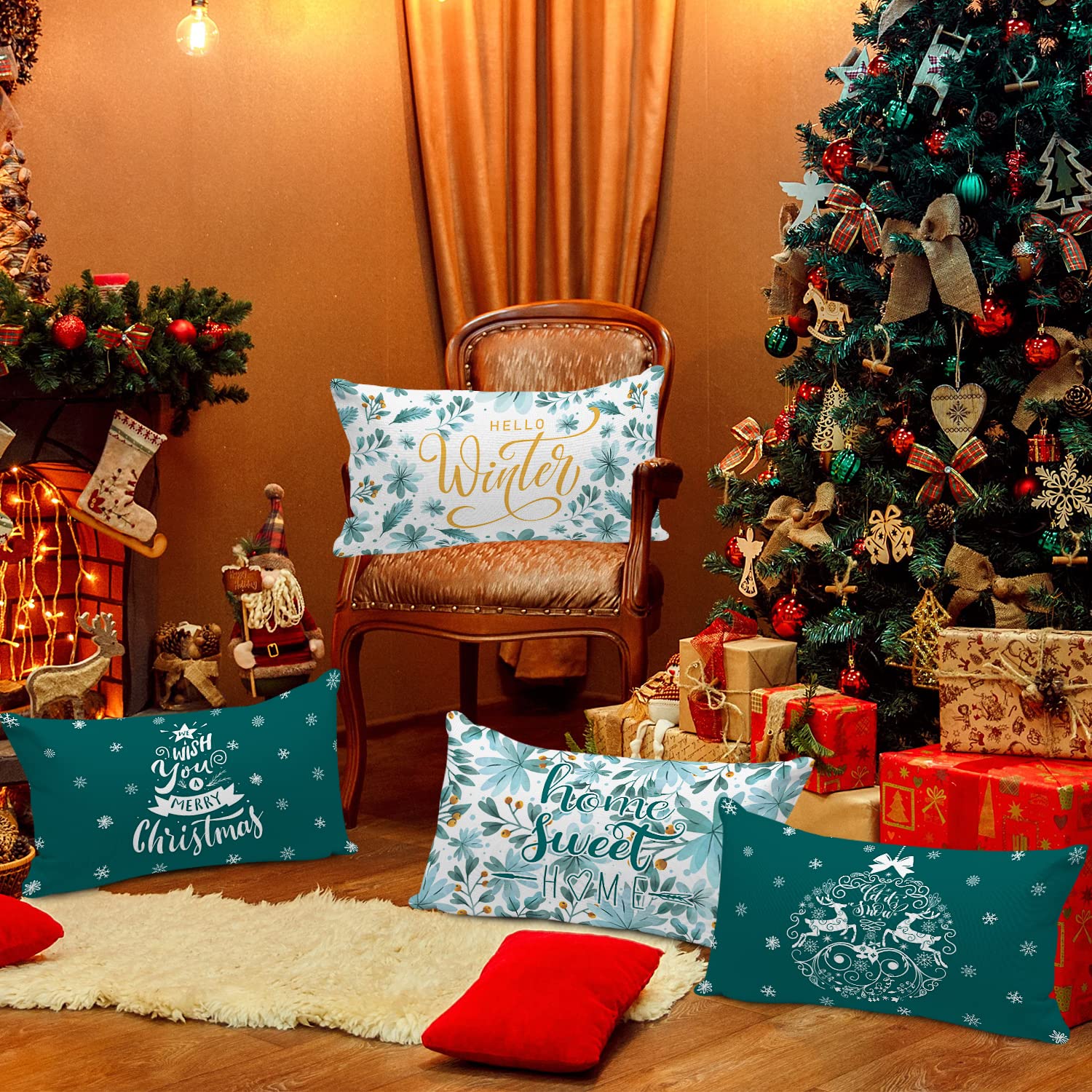 Lanpn Merry Christmas Lumbar Throw Pillow Covers 12x20 (Set of 4) - Decorative Teal Holiday Cushion Covers for Sofa, Bed & Home Decor | Perfect for Winter, Xmas Tree & Fireplace Cozy Decorations