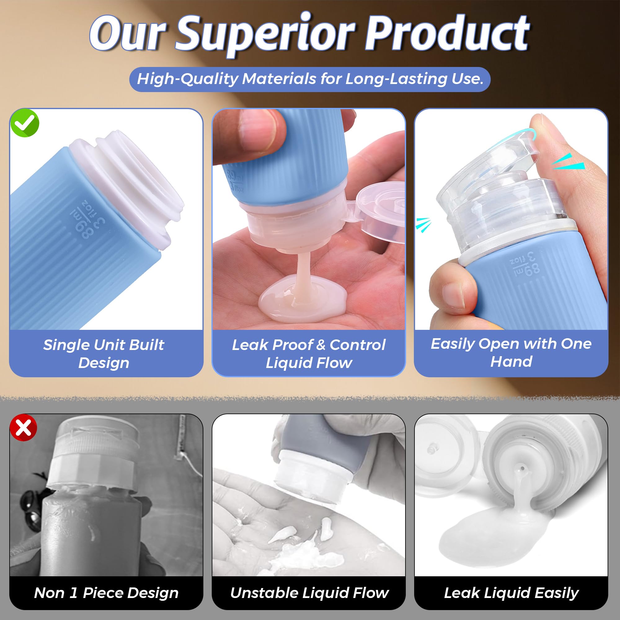 3 Oz Silicone Travel Bottles Set of 5 - TSA Approved Leak Proof Squeezable Toiletry Containers with Zipper Pouch & Labels for Shampoo, Conditioner, Lotion (Blue) - Perfect for Air Travel, Gym, Camping & Vacation Essentials