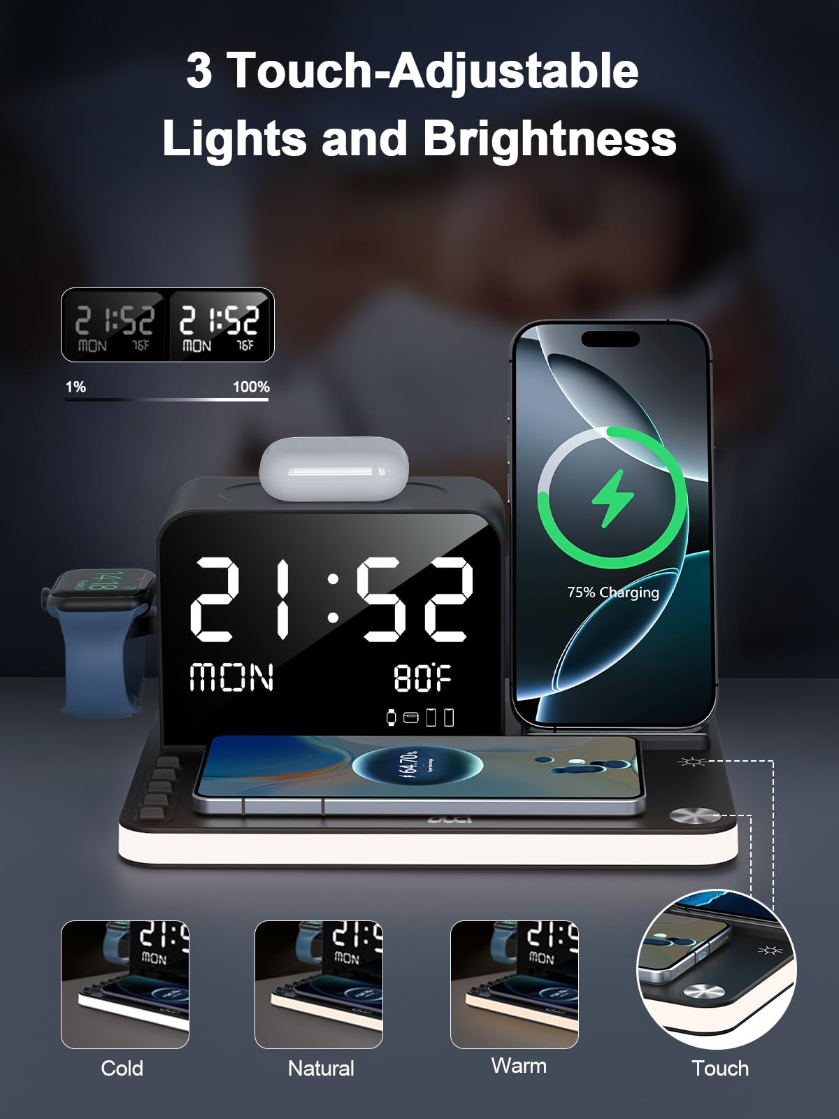 7-in-1 Wireless Charging Station for iPhone 16/15/14/13/12 Series, AirPods, iWatch & Android Phones - 33W Fast Charger with Night Light, Bluetooth TimeSync & Temperature Display | Perfect for Bedside, Office Desk & Travel Charging