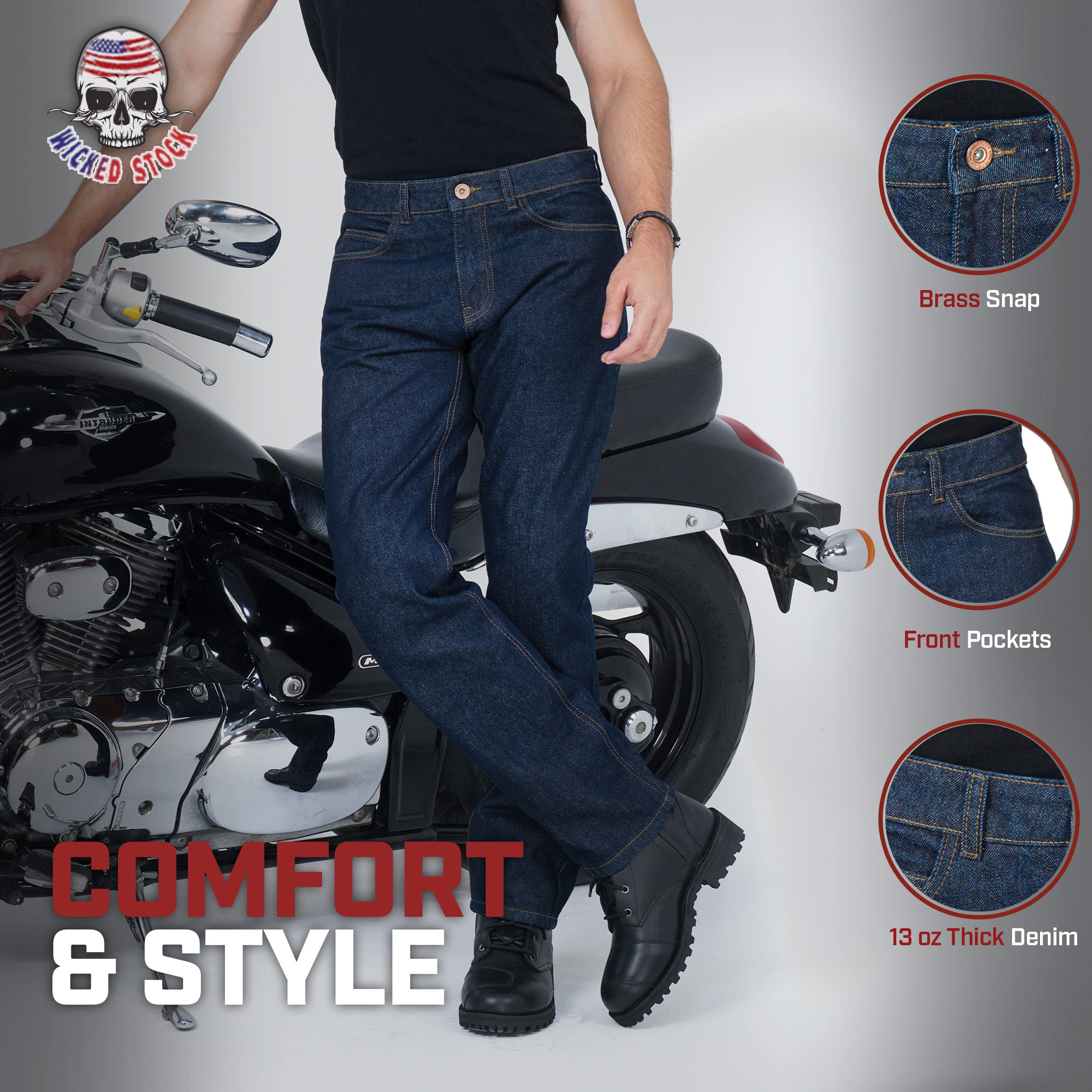 WICKED STOCK Men's CE LEVEL2 Armored Motorcycle Jeans - Protective Riding Pants for Men (Dark Blue) - Perfect for Street Biking & Commuting