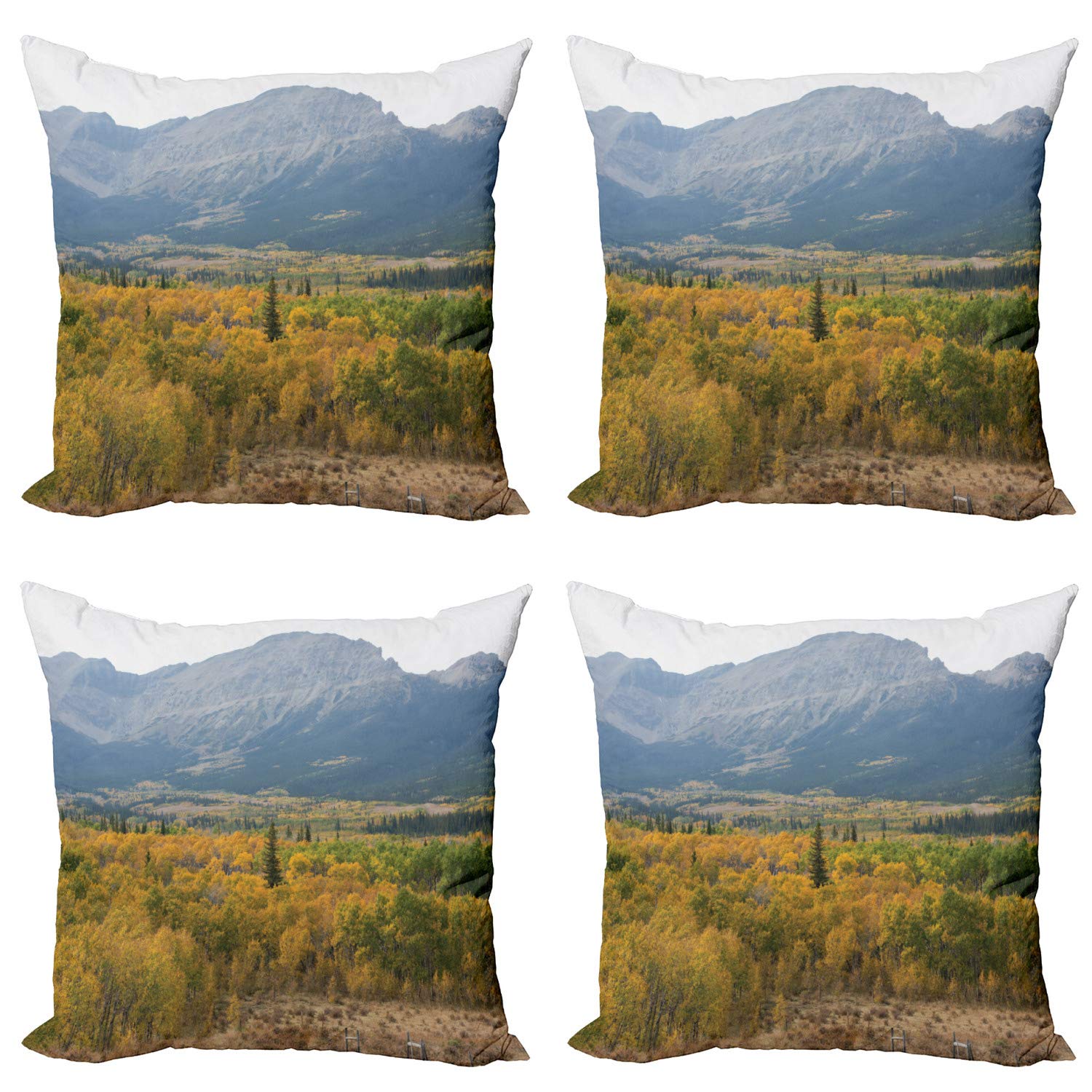 Ambesonne Glacier National Park Throw Pillow Covers Set of 4 - Double-Sided Digital Print with Foggy Forest & Mountain Scenes - 24 Inch Blue Grey Pale Coffee Home Decor - Perfect for Living Room Sofa, Bedroom & Outdoor Patio