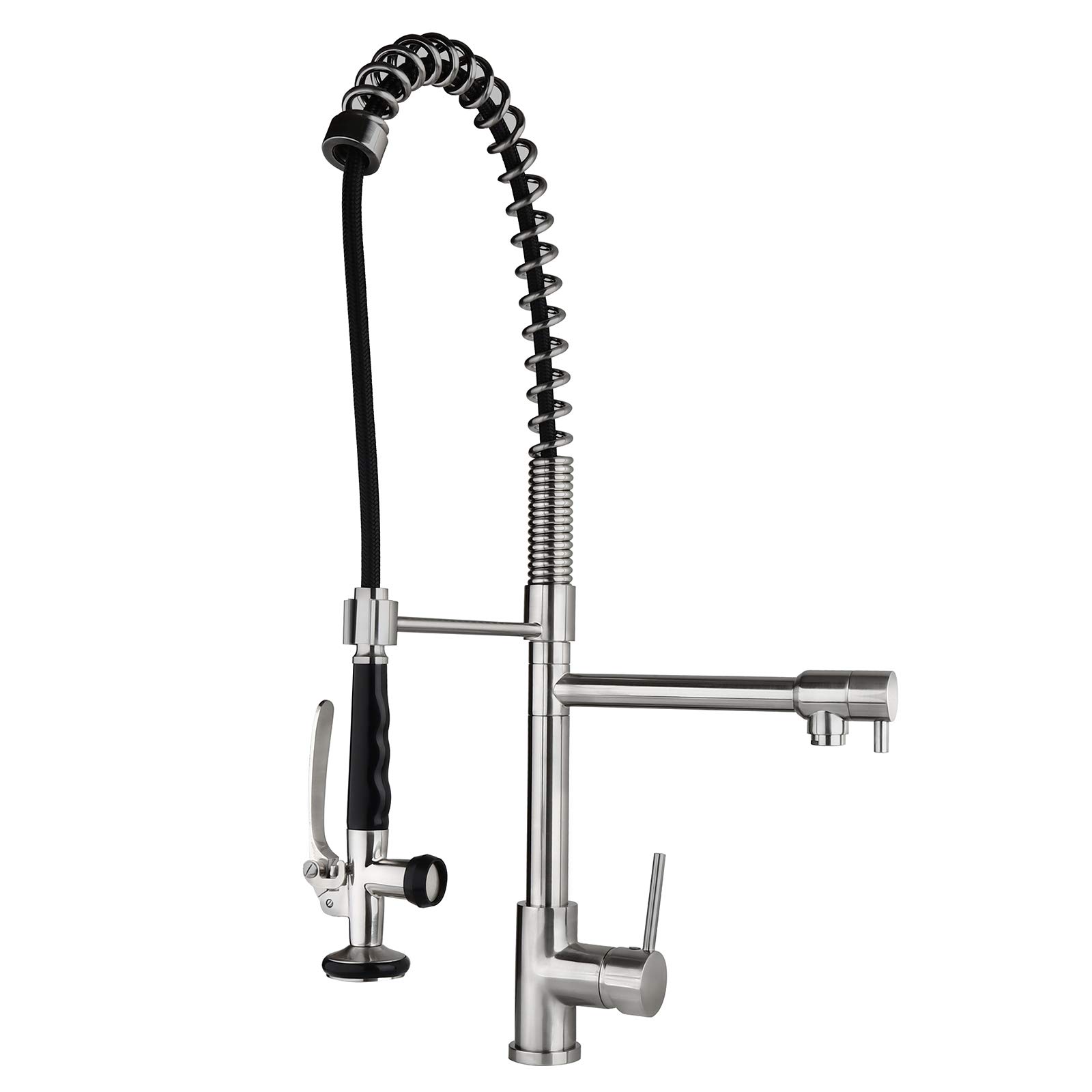 Commercial Pull Down Stainless Steel Kitchen Sink Faucet with Pre-Rinse Spring Sprayer - Brushed Nickel Farmhouse Faucet with Deck Plate - Perfect for Restaurant, Bar & Home Kitchen Use
