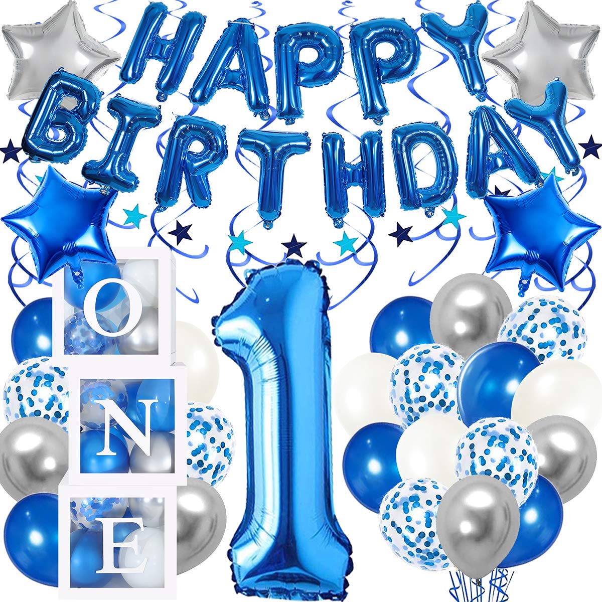 72Pcs 1st Birthday Balloon Decorations Set for Boys - Includes White Transparent Boxes, Baby Blue & Silver Grey Balloons, 40