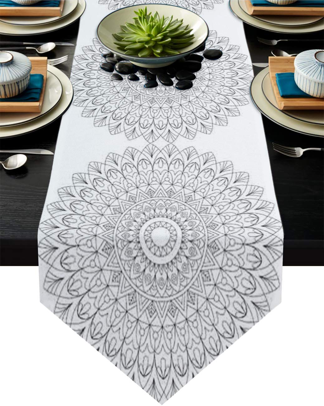 Premium Cotton & Linen Mandala Flower Table Runner - 13x120 Inch Extra Long White Table Scarf for Wedding, Graduation, Banquet Decor | Elegant Dining Table, Buffet, Console & Dresser Decoration