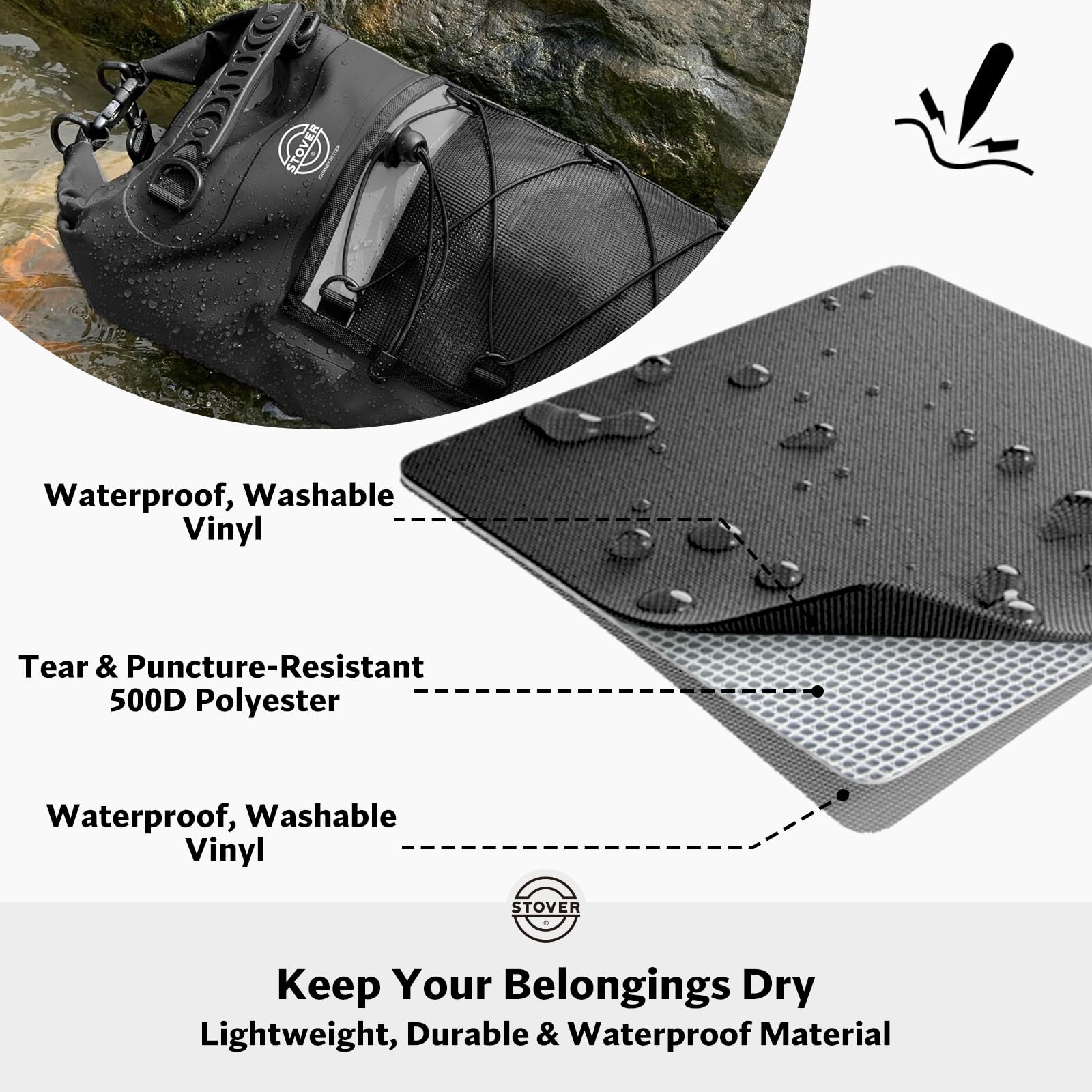 **STOVER 5L/10L/25L/30L/40L/55L Waterproof Dry Backpack - Floating Dry Bag for Kayaking, Hiking, Camping, Beach & Outdoor Activities - Heavy-Duty Roll Top Design for Men & Women (Black)**    **Use Cases:** Perfect for kayaking, hiking, camping, beach trips, fishing, tubing, motorcycle rides, and travel adventures.