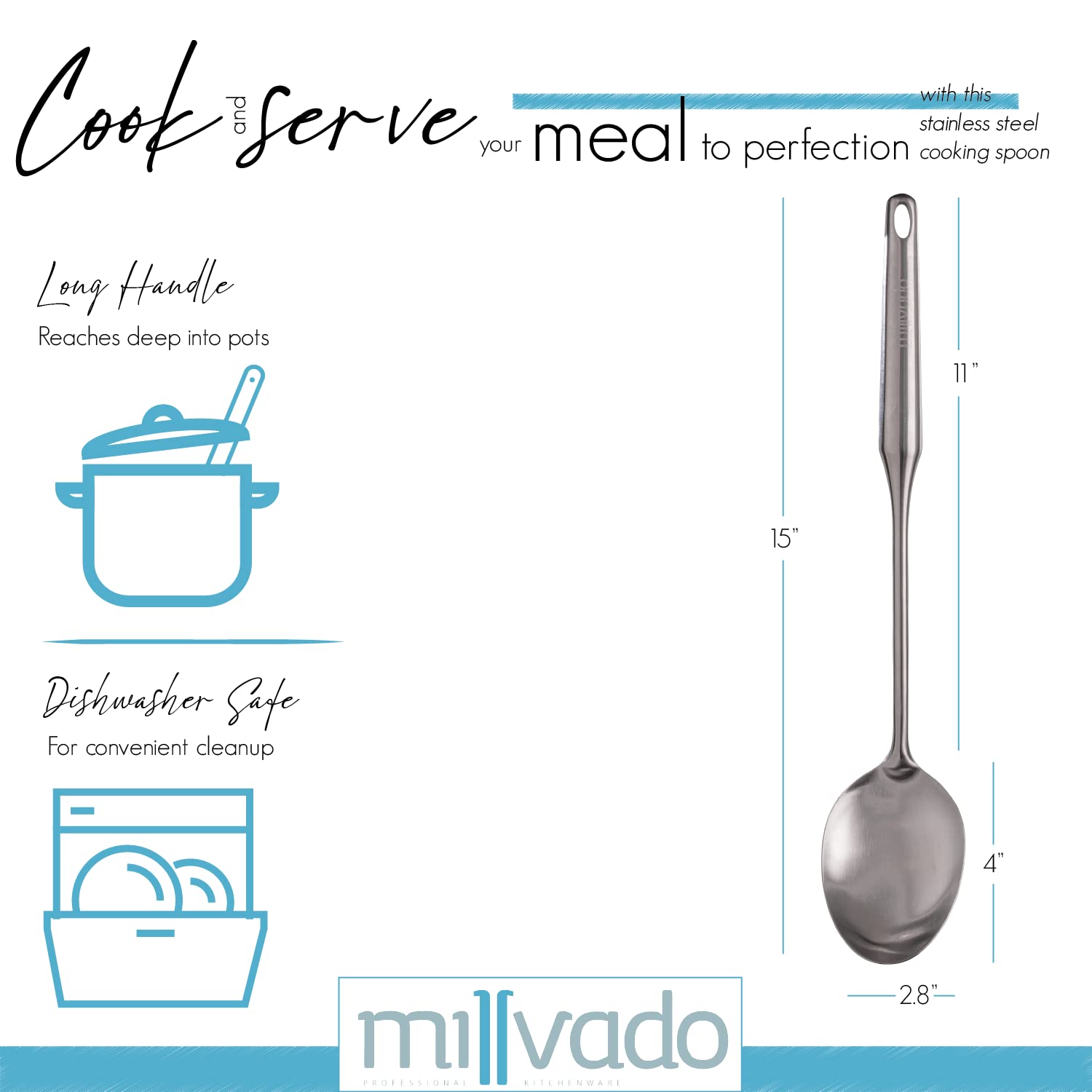 Premium 15-Inch Stainless Steel Cooking Spoon - Heavy Duty Kitchen Utensil for Cooking, Basting & Serving - Dishwasher Safe, Durable Metal Spoon - Perfect for Soups, Stews, BBQ & Large Batch Cooking
