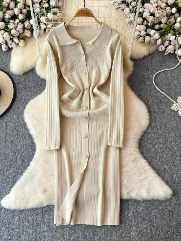 Autumn 2024 Women's Solid Color Single Breasted Knit Long Dress - French Elegant Office Wear Long Sleeve Dress for Work & Formal Occasions