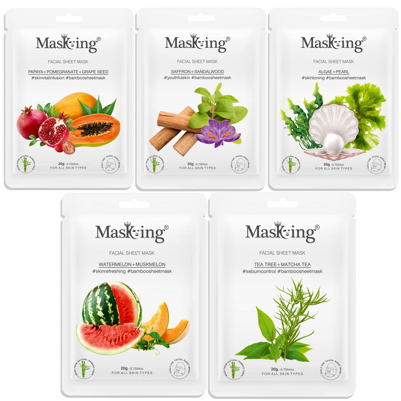 Bamboo Facial Sheet Mask Set - Papaya, Saffron, Algae, Watermelon & Tea Tree for Glowing Skin | Hydrating & Brightening Face Mask for Women & Men | 100ml Combo Pack of 5 | Perfect for Spa Day, Self-Care Routine & Gift Giving