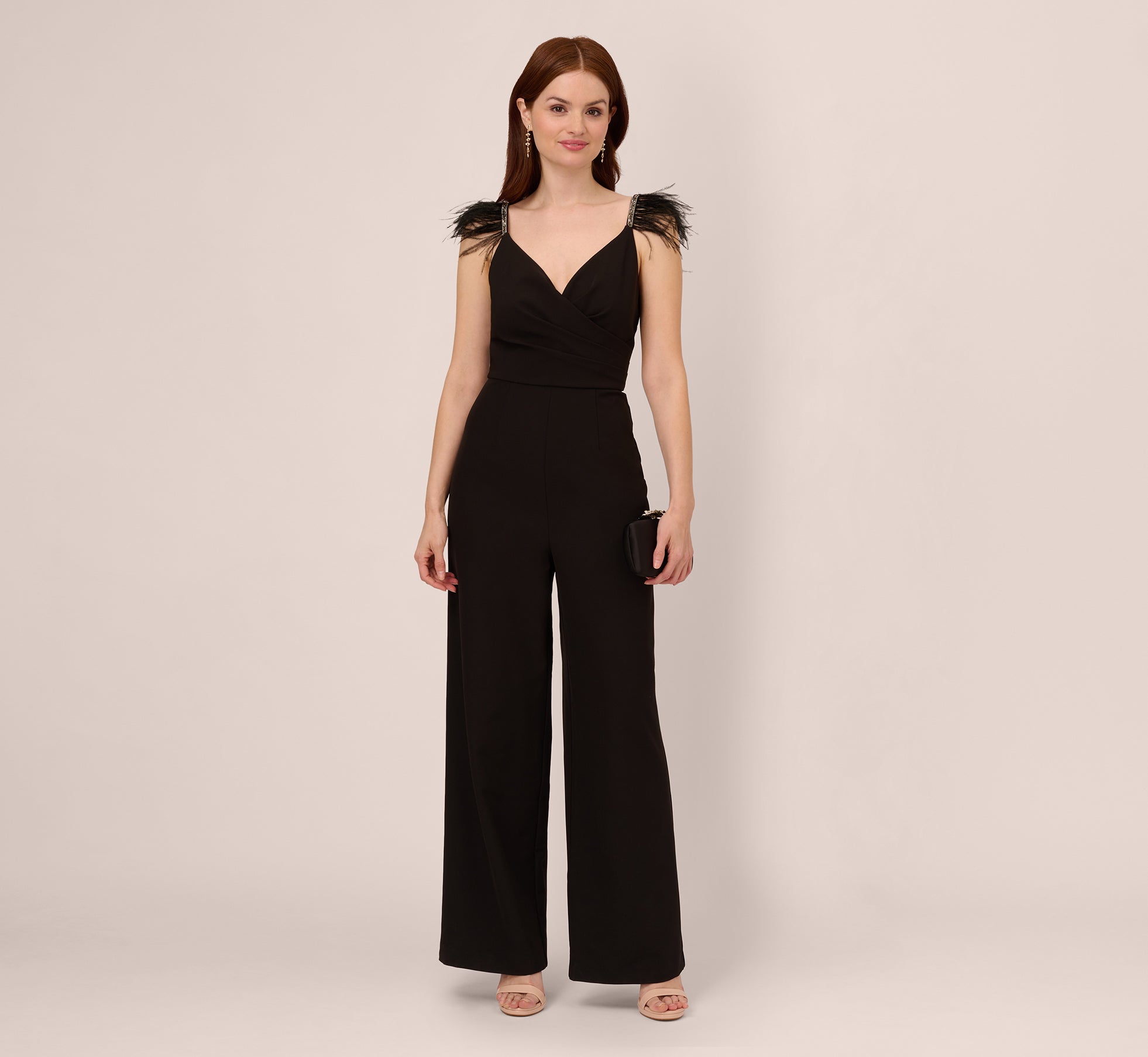 Black Crepe Wide Leg Jumpsuit with Bead & Feather Accents - Elegant Women's Romper for Parties, Weddings & Special Occasions